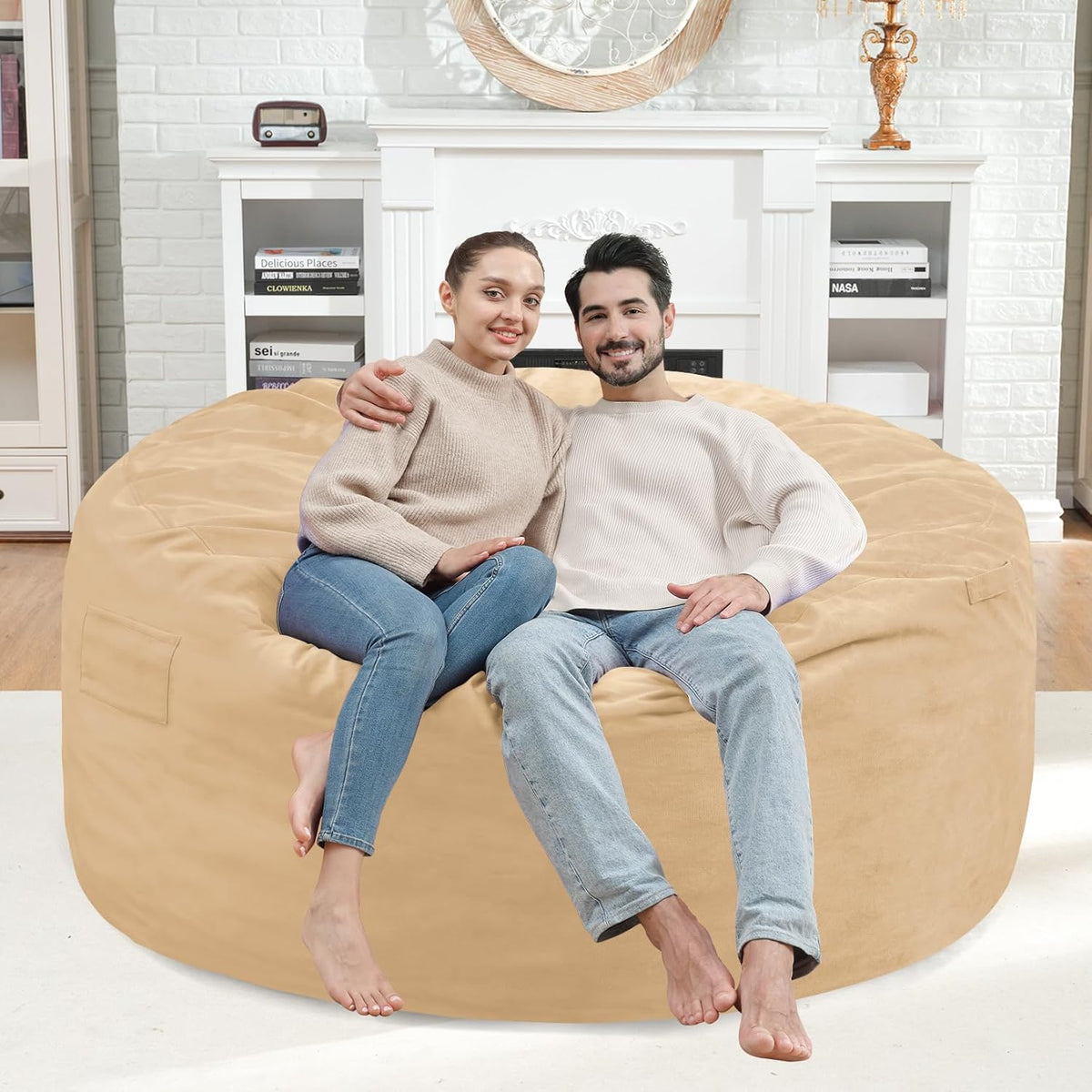 4FT Bean Bag Chair, Large Bean Bag Chairs with Memory Foam Filled, Fluffy Beanbag Sofa with Dutch Velvet Cover, Round BeanBag Chairs for Living Room, Playroom - Khaki