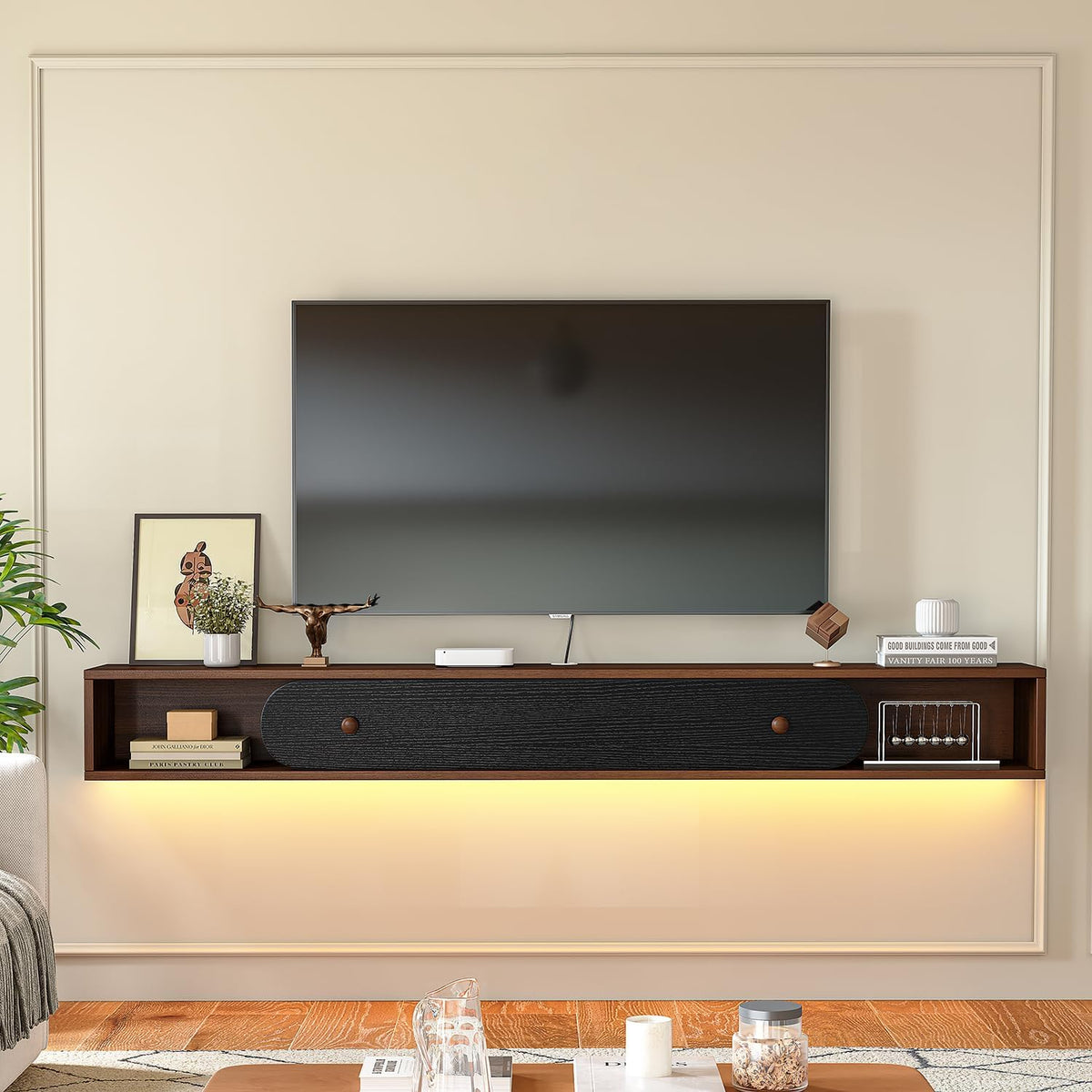 Floating TV Stand Wall Mounted 55'', Modern Media Console with 2 Open Cabinets and 1 Door,Wall Mount TV Console for Living Room Bedroom,Walnut and Black