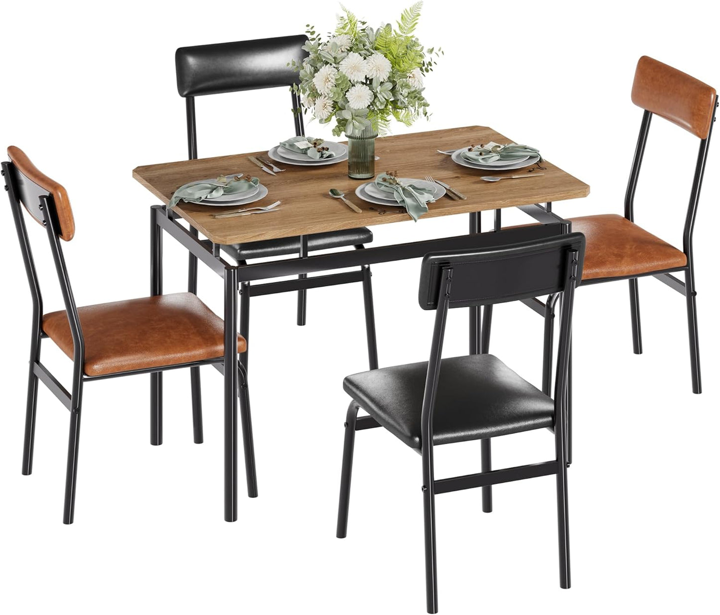 5 Piece Dining Room Table Set, Kitchen Table Set for 4 with Brown Wooden Grain Kitchen Table and 4 PU Upholstered Metal Chairs, Dining Room Set for Small Space,Home Dinner(2 Black & 2 Brown Chairs )