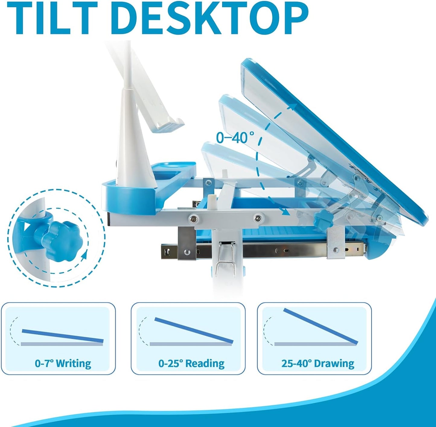 Diroan Kids Functional Desk and Chair Set, Ergonomic Height Adjustable Children School Study Desk with Tilt Desktop, Book Stand, LED Light, Metal Hook and Storage Drawer for Boys Girls(Blue)