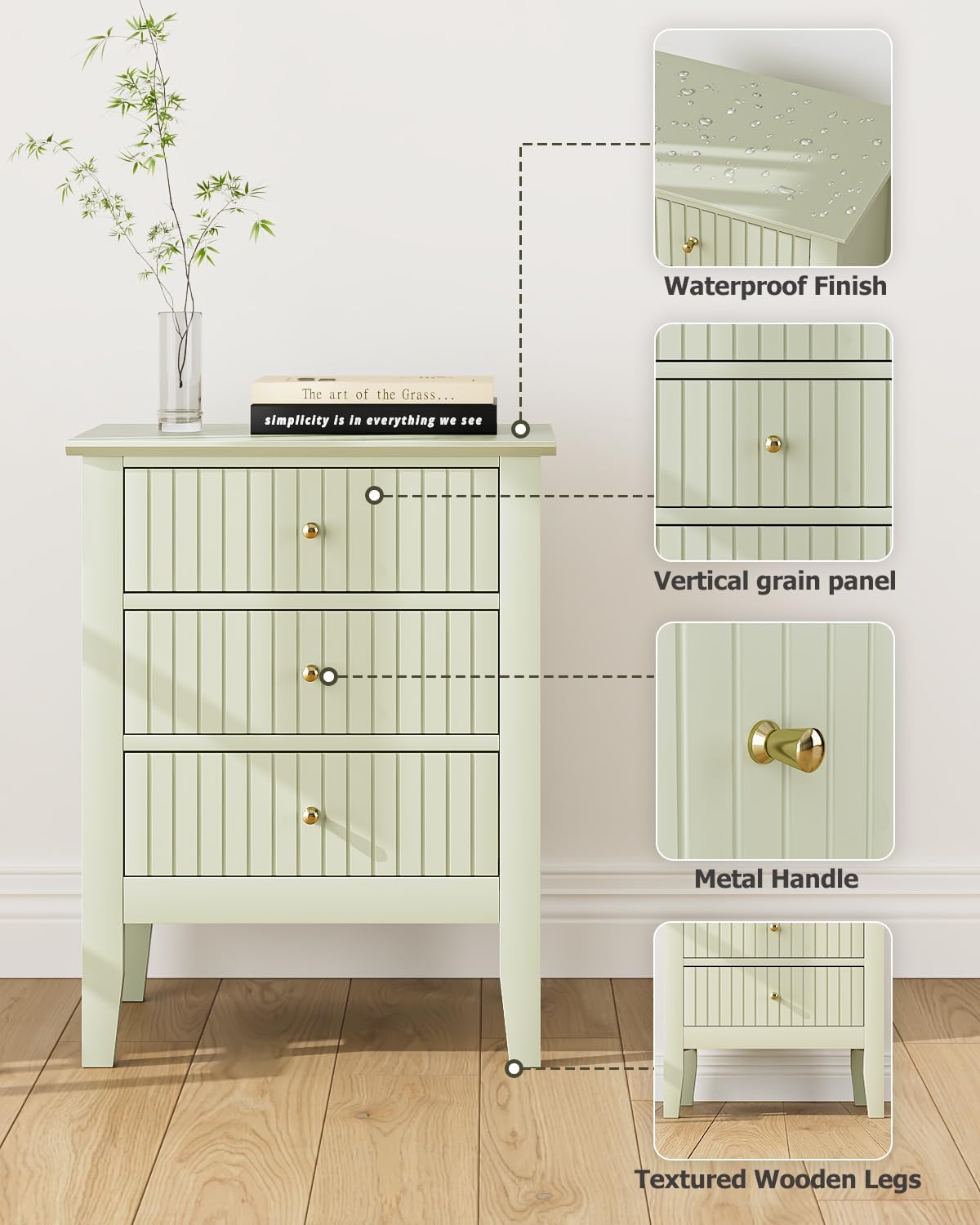 Fluted Nightstand, Farmhouse Night Stand with 3 Drawers, Mid Century Modern Side Accent Table,Bedside End Table for Bedroom, Living Room, Pale Green