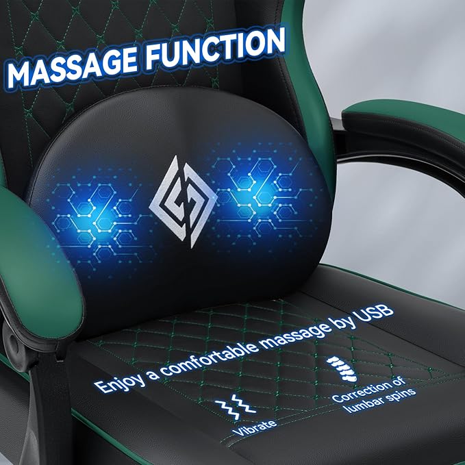 HOFFREE Gaming Chair with Speakers Massage Computer Gaming Chair with Pocket Spring Cushion for Adults Reclining Gamer Chair with Bluetooth Video Game Chairs with Footrest Green and Black