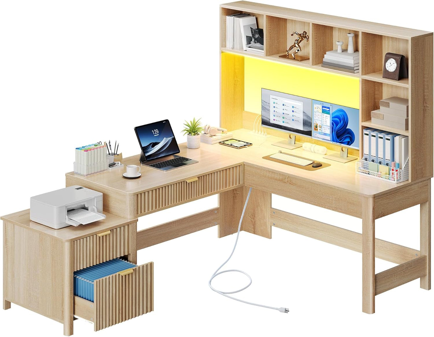YITAHOME L Shaped Desk with Hutch and Drawers, 67" Computer Desk Gaming Desk with Power Outlets & LED Lights, Wood Home Office Desk with Printer Stand, Fluted Sturdy Writing Workstation, Natural Oak