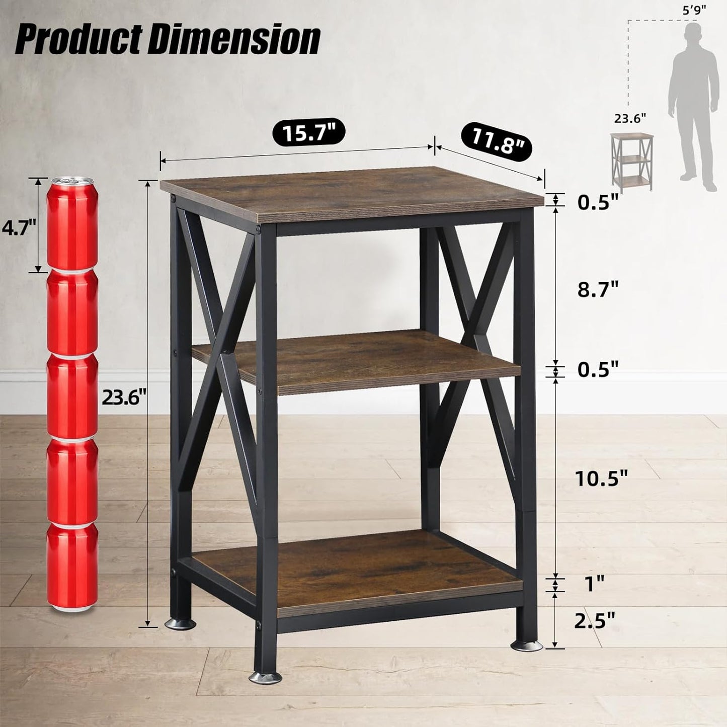 End Tables Living Room Set of 2 Farmhouse, Side Table with Storage Shelf, 16" W x 12" D x 24" H, 3 Tier Side Table Set of 2, X-Shaped Night Stands for Bedrooms, Coffee Table