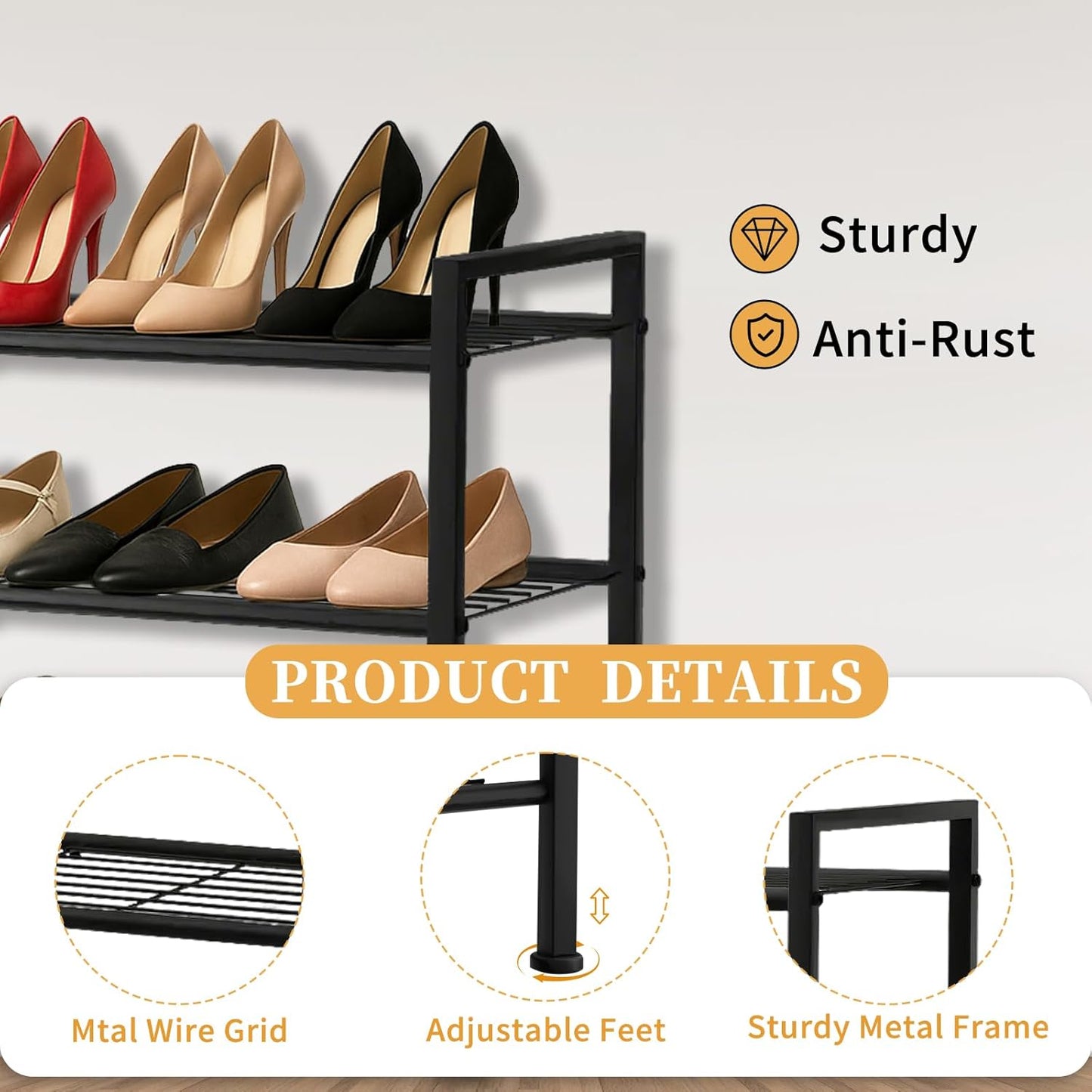 Simple 3 Tier Shoe Rack,Metal Stackable Shoe Storage Organizer for Closet,Entryway, Bedroom, Black (Black, 3-Tier)