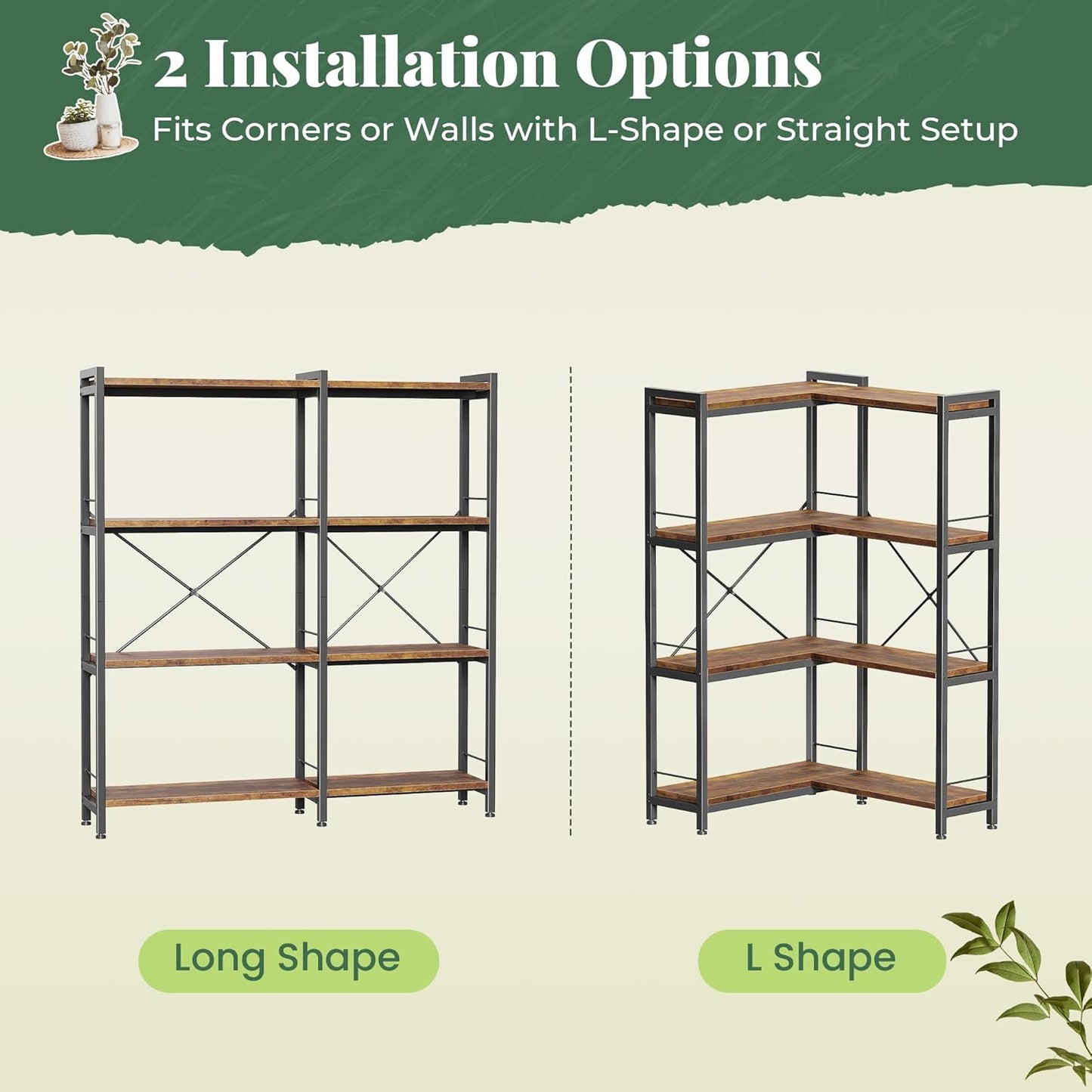 Huuger 4 Tier Bookshelf, L Shaped Corner Bookshelf with 8 Open Shelves, 49.4 Inch Straight Wide Bookcase with Metal Frame and Wooden Board, Adjustable Feet, Rustic Brown