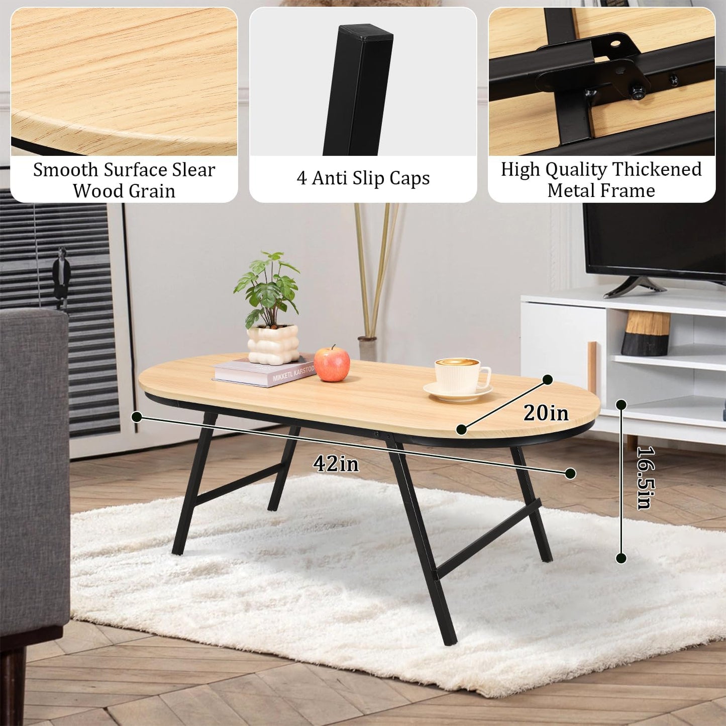 Foldable Coffee Table Natural Wood Oval Coffee Tables No Assembly Portable Floor Table Desk for Sitting on The Floor Low Coffee Table for Small Spaces Living Room Outdoor Use
