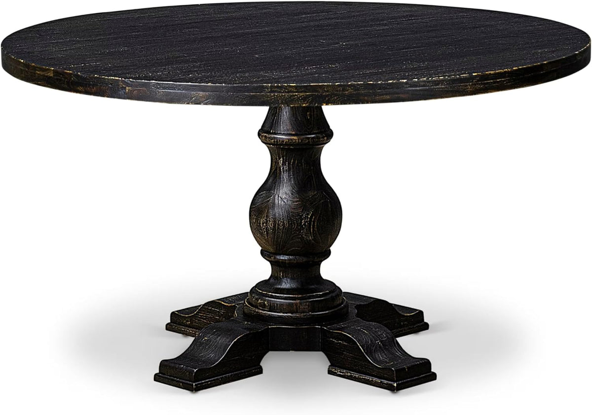 I55-11-TP Breakfast Table with Acacia Wood Round Tabletop and Stylish Pedestal Base - Sand Blasted Black Finish