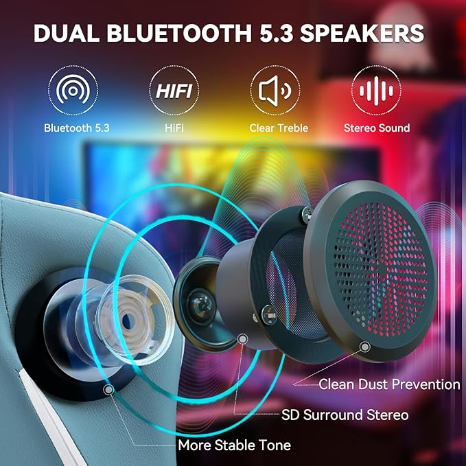 HOFFREE Gaming Chair with Speakers Massage Computer Gaming Chair with Pocket Spring Cushion for Adults Reclining Gamer Chair with Bluetooth Video Game Chairs with Footrest Stone Blue and White