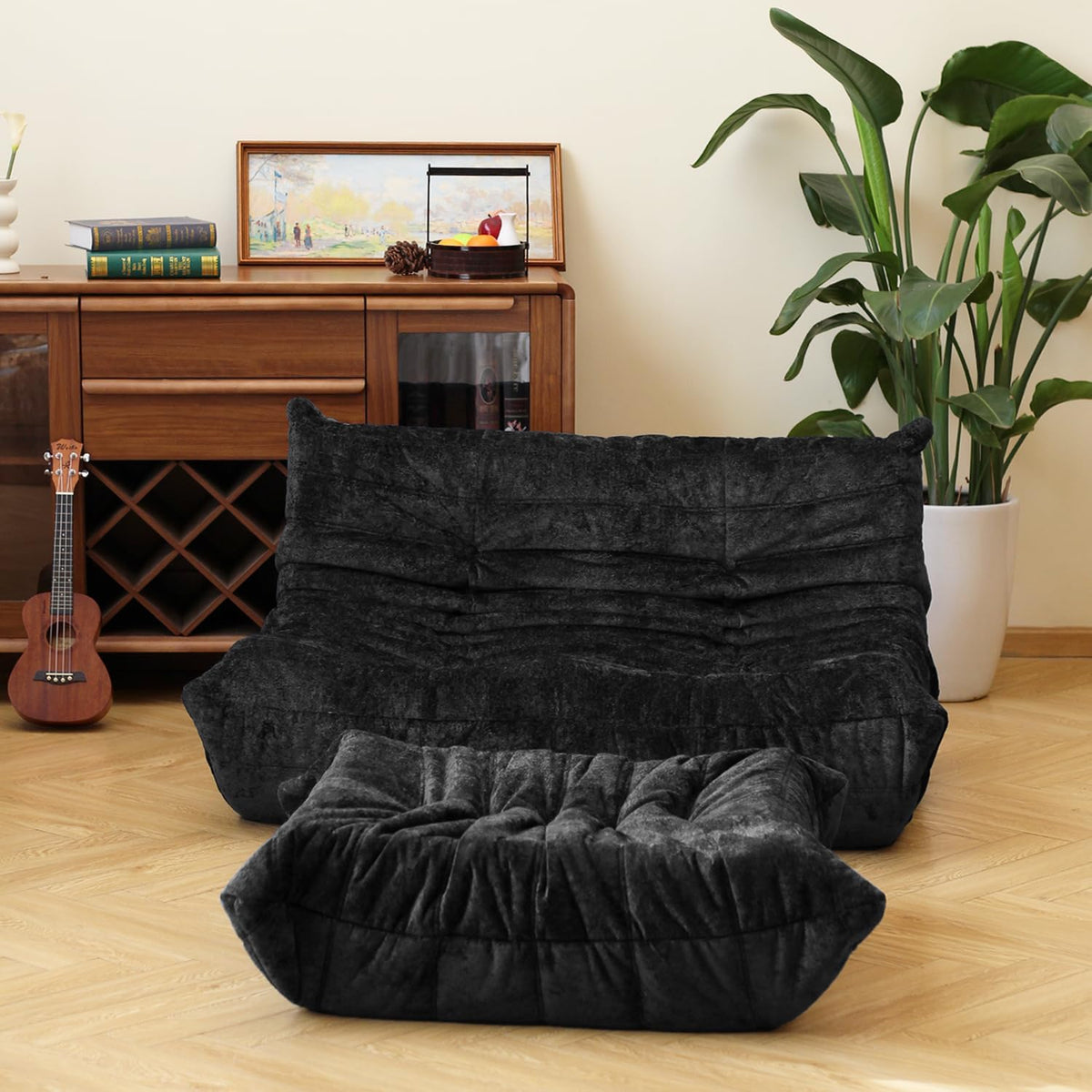 N&V Fireside Chair, Mid Century Armless Floor Sofa, Soft Premium Chenille Floor Lounge Chair, Foam Sofa Accent Chair for Living Room Bedroom and Office (Black, Loveseat)