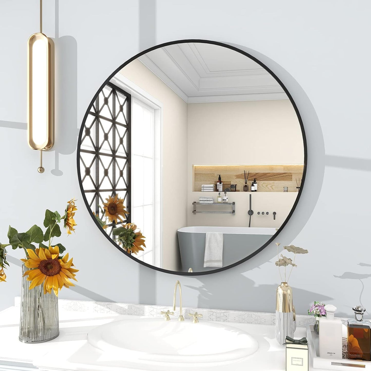 BEAUTYPEAK 30 Inch Round Mirror, Metal Frame Circle Mirror, Wall Mounted for Entryway, Bathroom, Vanity, Living Room, Black