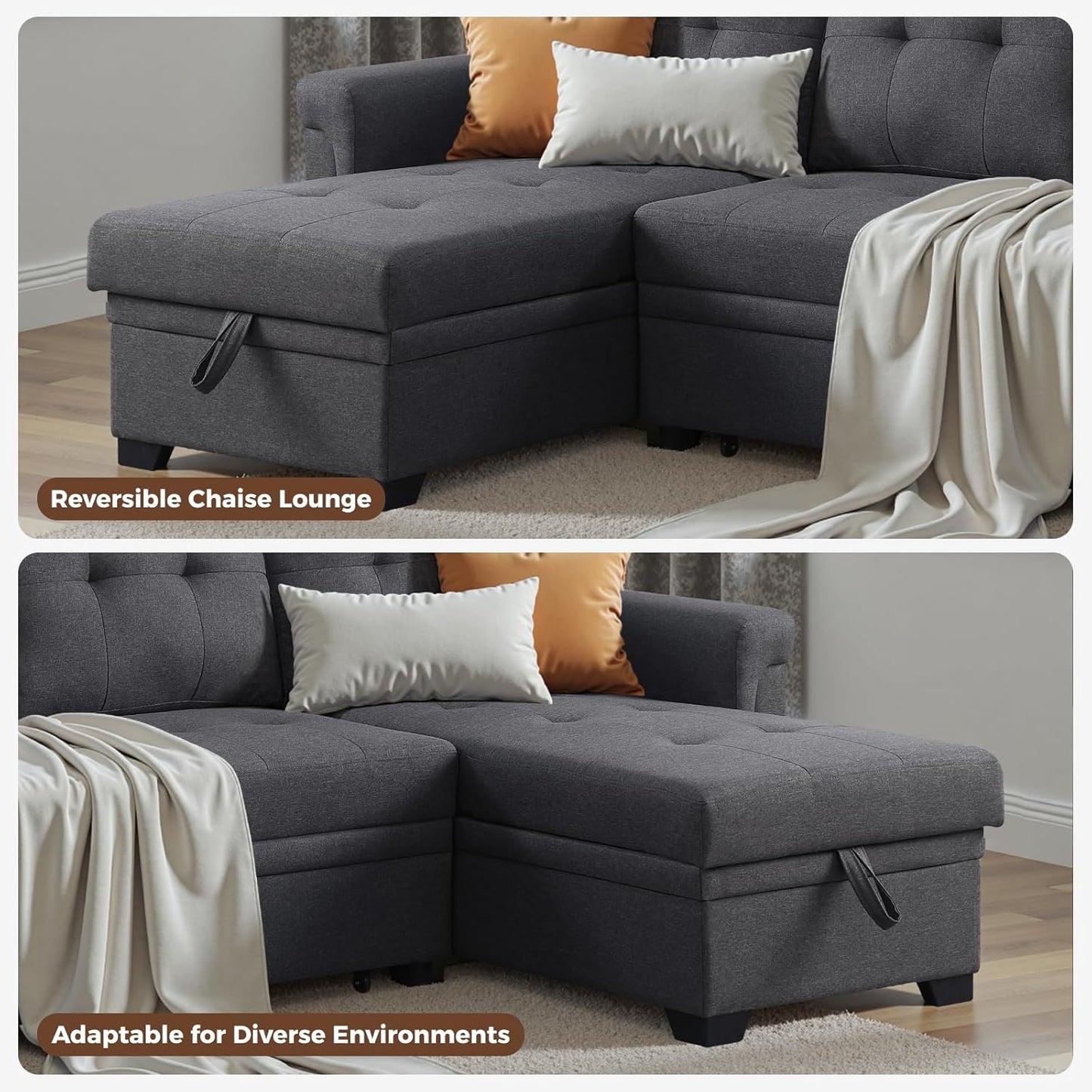 83 Inch L Shaped Modular Convertible Sleeper Sectional Sofa Bed with Storage Chaise and Pull-Out Bed, Linen Upholstered Reversible Corner Couch for Living Room, Home Furniture, Dark Gray