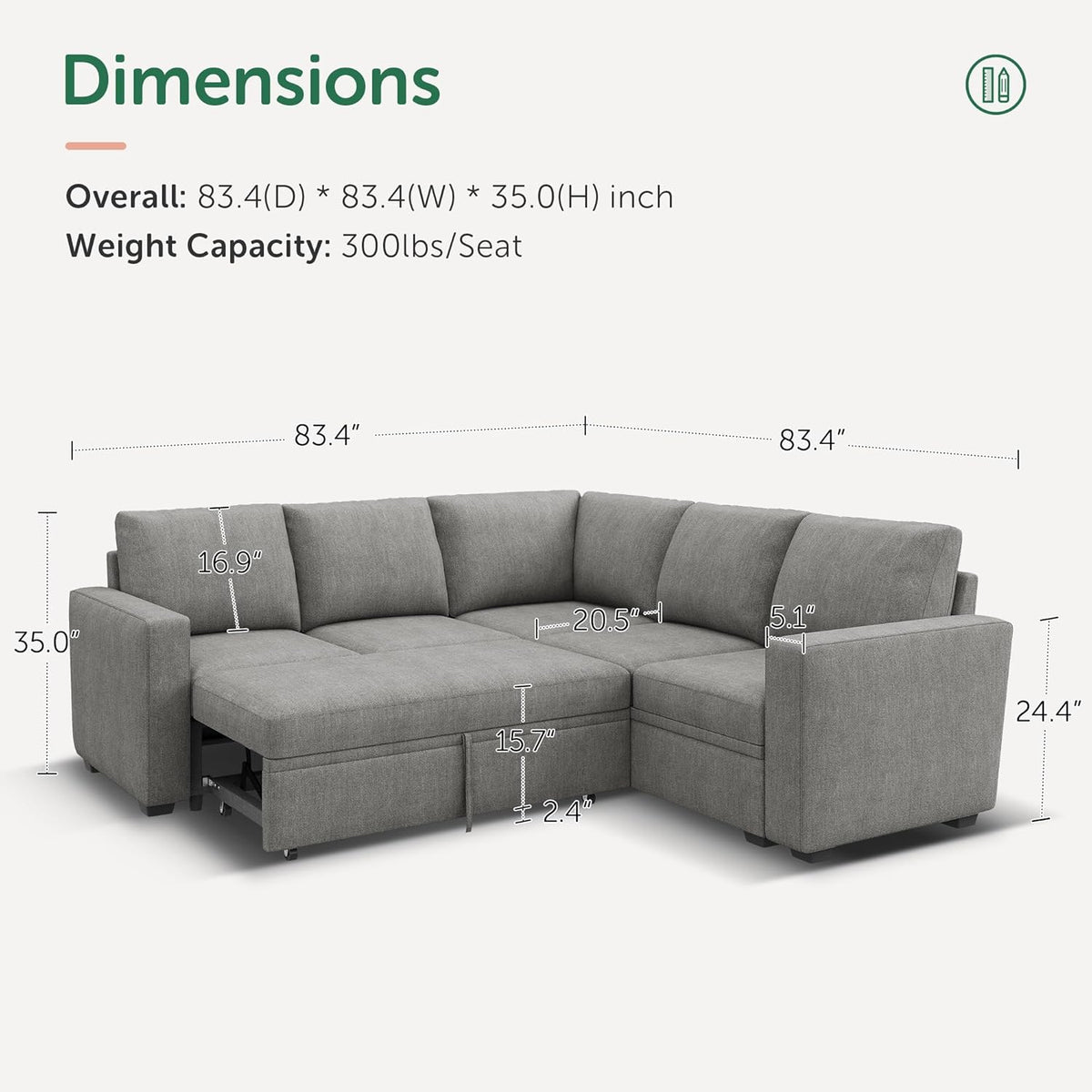 HONBAY Modular Sectional Sleeper Sofa with Pull Out Bed, Chenille L Shaped Couch with Storage Seats, Convertible Sectional Couches for Living Room, Warm Grey