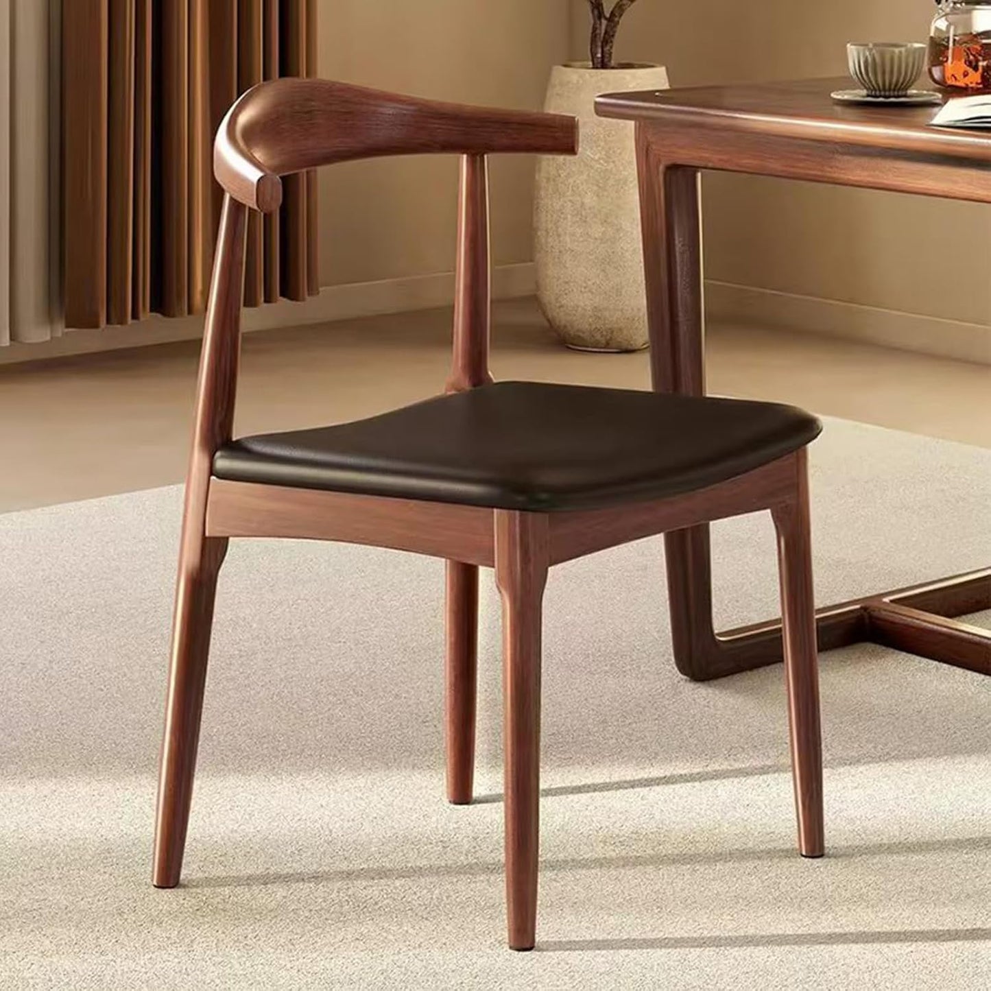 Solid Wood Dining Chair, Mid Century Dining Chair, Upholstered PU Leather Chair with Wide Curved Backrest, Chair for Dining Room, Kitchen, Walnut Finish