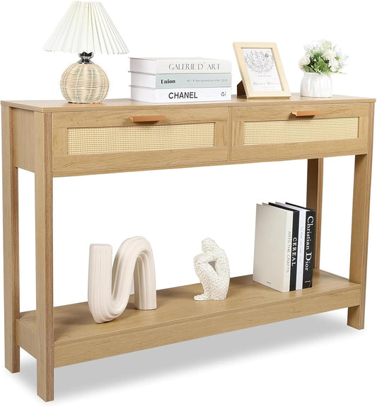 Console Table with Rattan Drawers Boho Entryway Table Narrow Long Sofa Table for Entrance, Hallway, Living Room, Couch