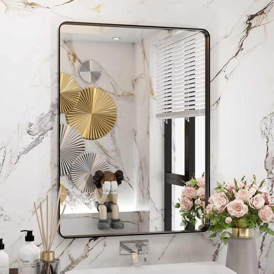 WEER Black Framed Mirror for Bathroom, 24x32 Inch Matte Black Bathroom Vanity Mirror, Rectangular Black Metal Framed Wall Mirror with Tempered Glass, Rounded Corner, Anti-Rust (Horizontal/Vertical)