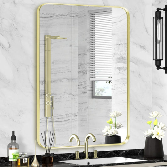 Wall Mount Mirror for Bathroom, Brushed Gold Metal Framed Rounded Corner Rectangular Vanity Mirror, Tempered Glass (28" x 36", Gold)