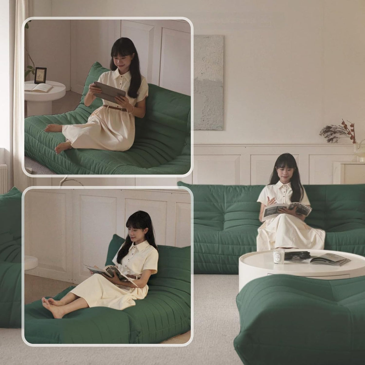 Luxury Ottomans, Modern Square Foot Rest for Sofa Couch Chair, Lazy Floor Seating, Fireside Bean Bag Chair, Tatami Sofa Lounger for Living Room, Bedroom, Office, Green