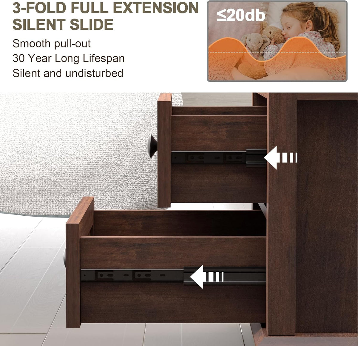 18" Wide End Table with Fast Charging Station Set of 2, 18” Wide Sofa Side Table with Drawers,End Table with Drawers for Living Room,Cherry
