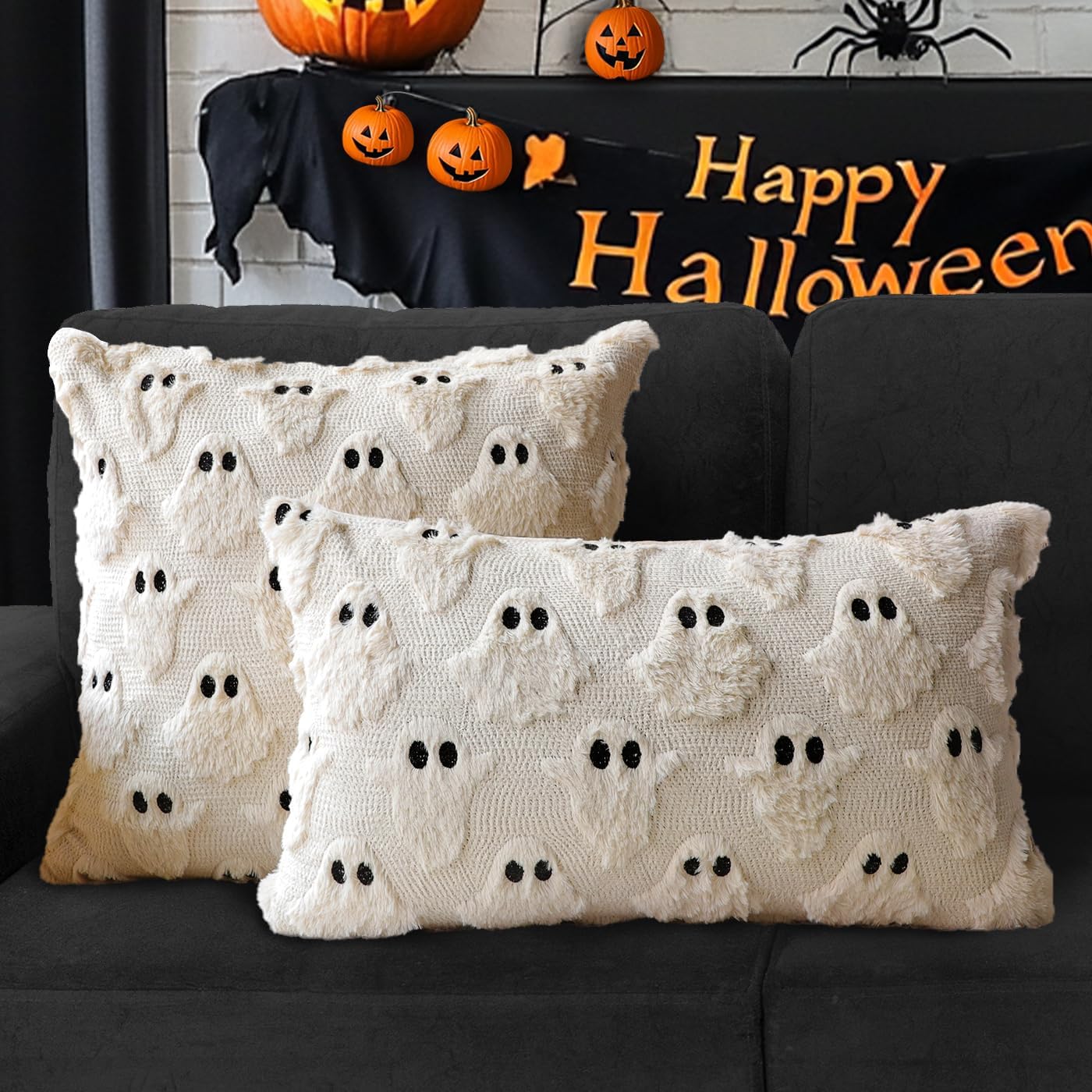 4TH Emotion Halloween Ghost Decorative Pillow Covers 16x16 Set of 2, Beige Soft Plush Faux Fur Farmhouse Throw Cushion Cases for Fall Autumn Holiday Home Decorations