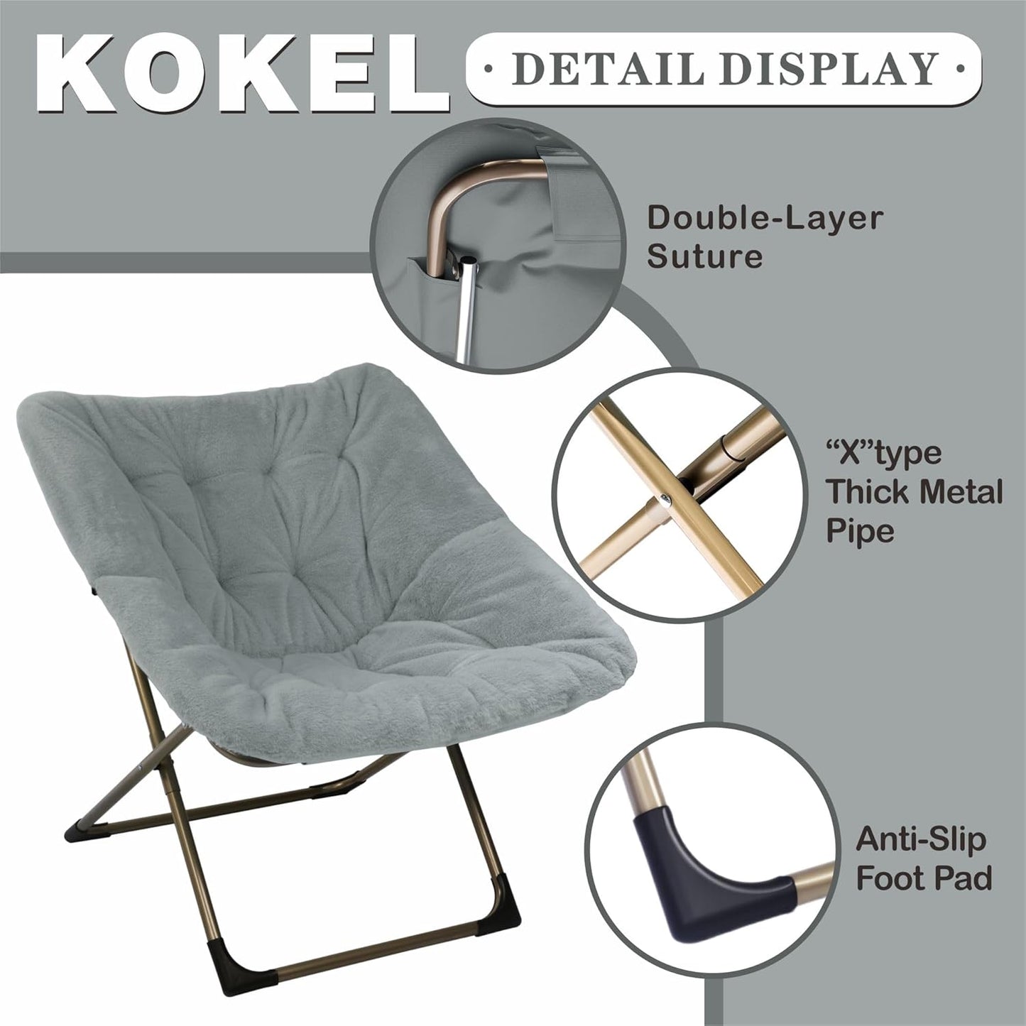 Kokel Plush Folding Chair and Ottoman Padded Metal Frame Living Room Chair (Light GRAY-TM21)