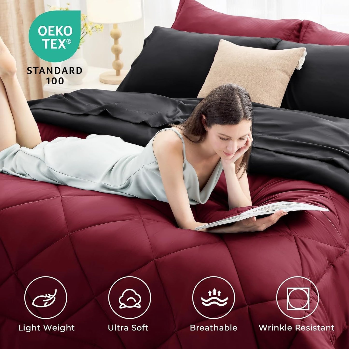 HEVUMYI Red & Black Queen Comforter Set - 7-Piece All Season Burgundy Bed in a Bag Queen, Ultra Soft Bedding Set with Comforter, Flat Sheet, Fitted Sheet, Pillowcases, Pillow Shams, Burgundy