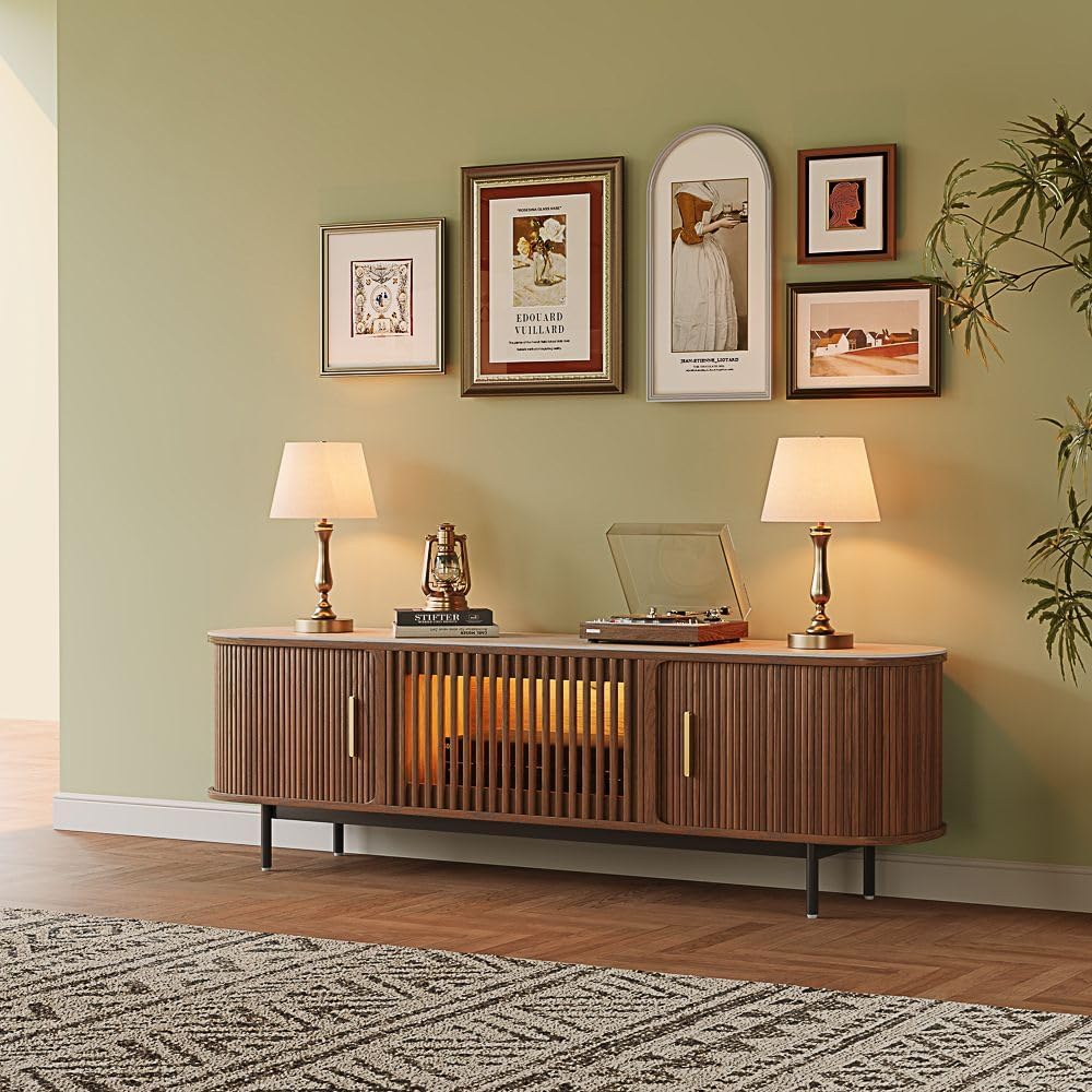 POVISON Fully-Assembled Mid Century Modern Black TV Stand with White Matte Travertine Stone Tabletop & LED Lights, Rolling Door Media Console, Wood TV Console for Living Room