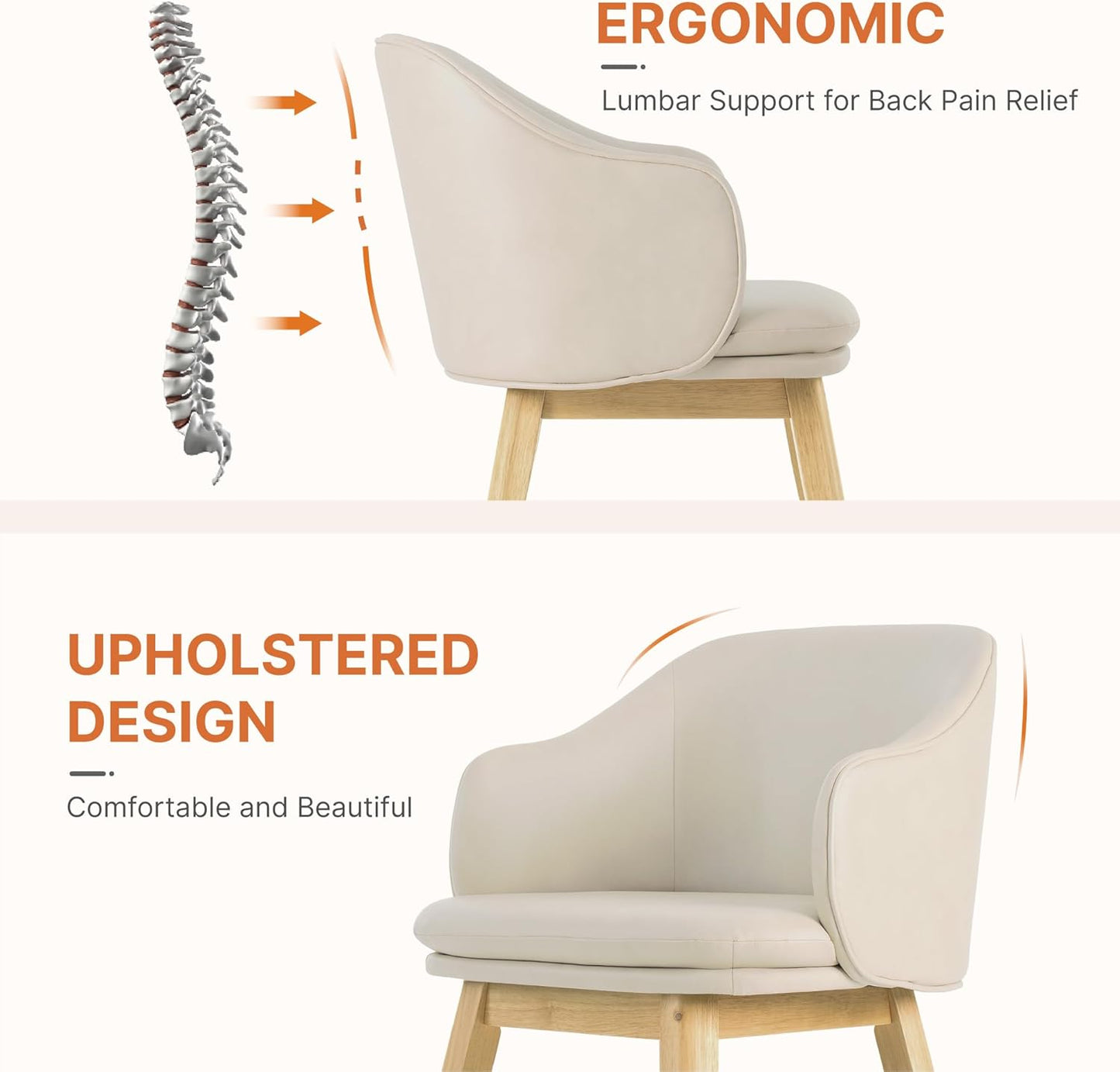 Wooden Dining Chairs Set of 4, Faux Leather Upholstered Modern Dining Room Chairs with Barrel Backrest & Double-Layer Thick Cushion for Living Room, Restaurant, Kitchen and Café, Beige, 2 Boxs