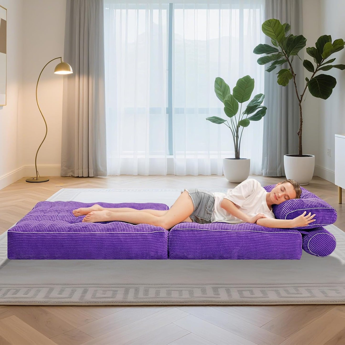 HABUTWAY Folding Sofa Bed, Convertible Sleeper Chair Bed w/Dual-Pillow & Handle, Foldable Floor Sofa Lounge w/Back Support for Living Room, Bedroom, Apartment, Office, Purple