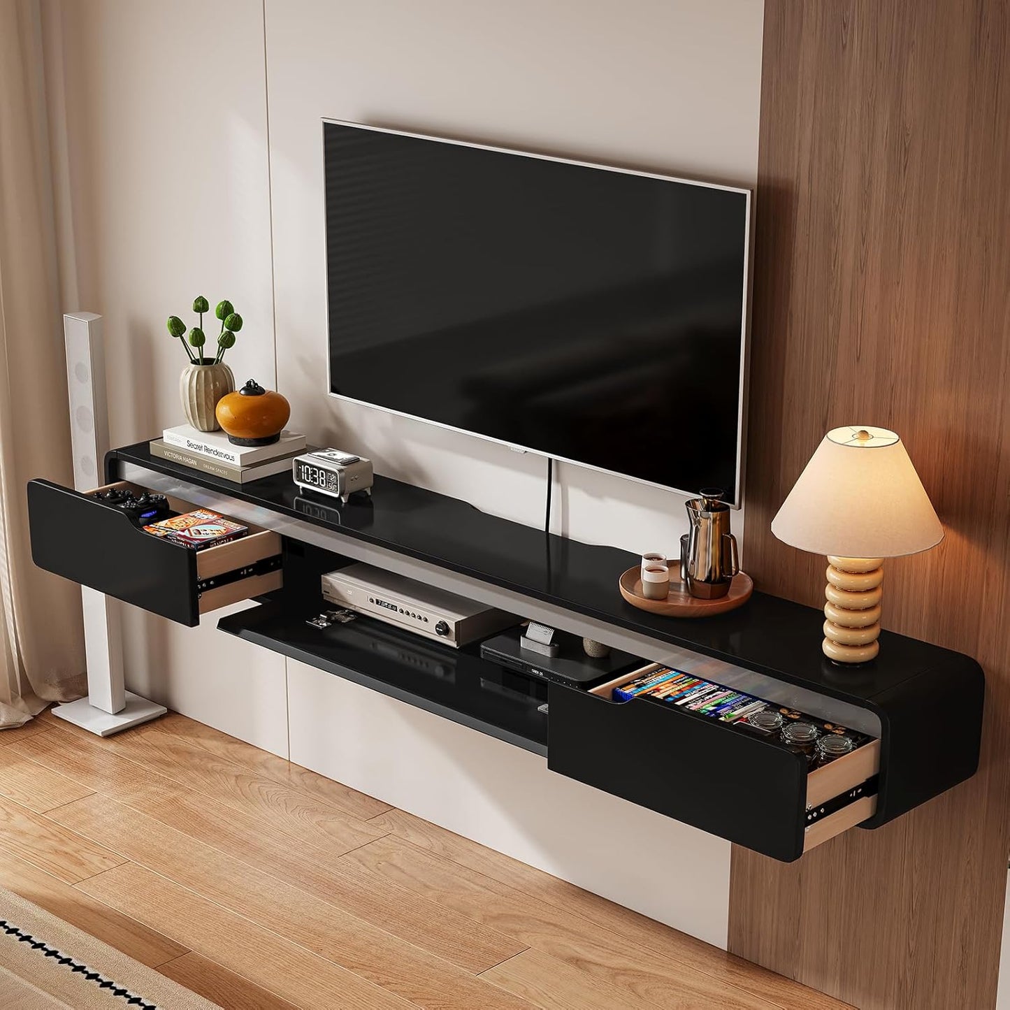 Fully-Assembled Floating TV Stand with Drawers, 55IN High Gloss Wall Mounted Entertainment Center, Modern Media Console with Storage, Under TV Shelf for Bedroom Living Room Black