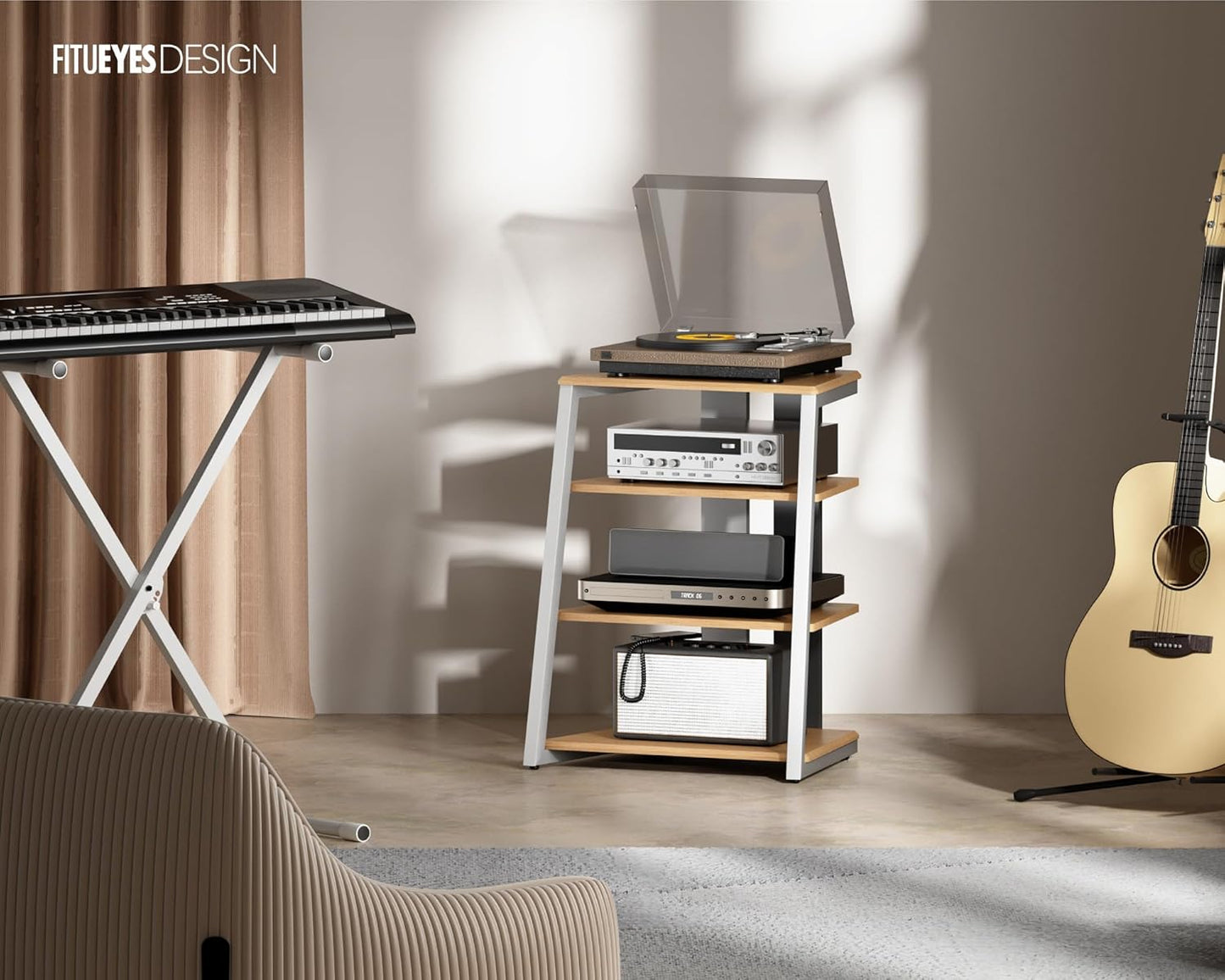 FITUEYES Design 4-Tier AV Media Stand Corner Shelf Stand Wooden Corner Shelves Component Cabinet Stereo Rack Audio Tower with Height Adjustable Wooden Shelves for ps4 (White Oak)