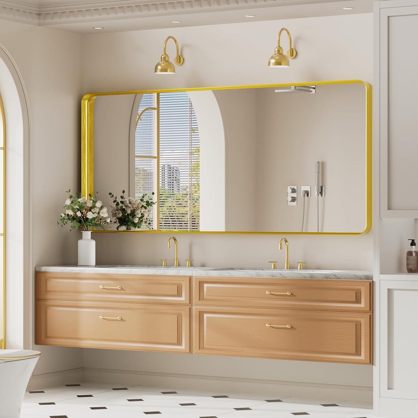 Koonmi Gold Bathroom Mirror for Wall, 30x71 Inch Matte Metal Deep Framed Rounded Corner Wall Mirror, Shatterproof Tempered Glass for Farmhouse Bedroom Entryway, Vertically or Horizontally