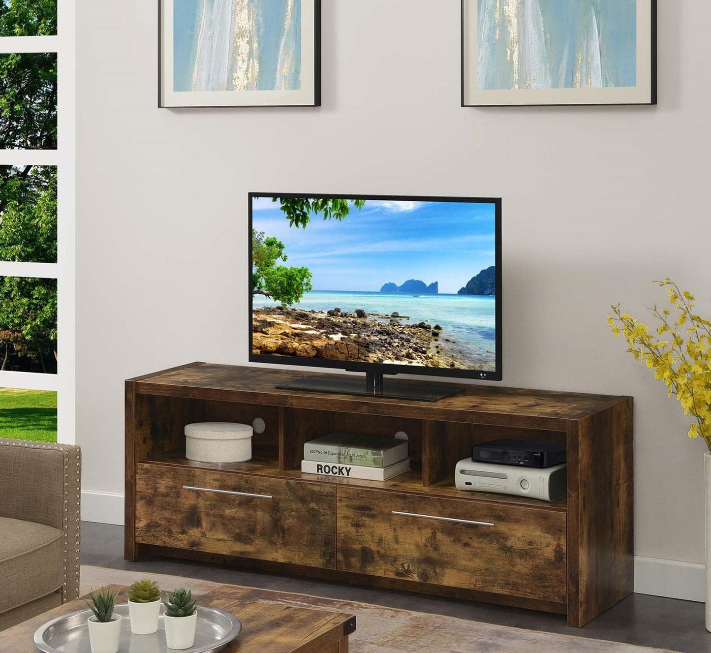 Convenience Concepts Newport Marbella 60 inch TV Stand with Cabinets and Shelves Home_Furniture_and_Decor, Unspecified, Barnwood