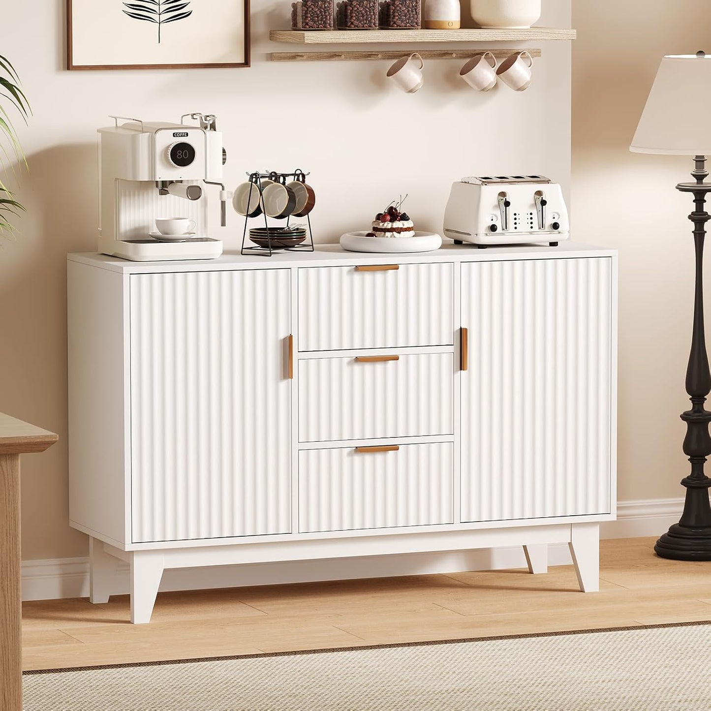 Garvee 47.2" Fluted Buffet Cabinets with Storage, Sideboard Storage Cabinet with 3 Drawers and 2 Doors, Modern Mid Century TV Stand Coffee Bar Furniture for Living Room, Kitchen, Entryway- White