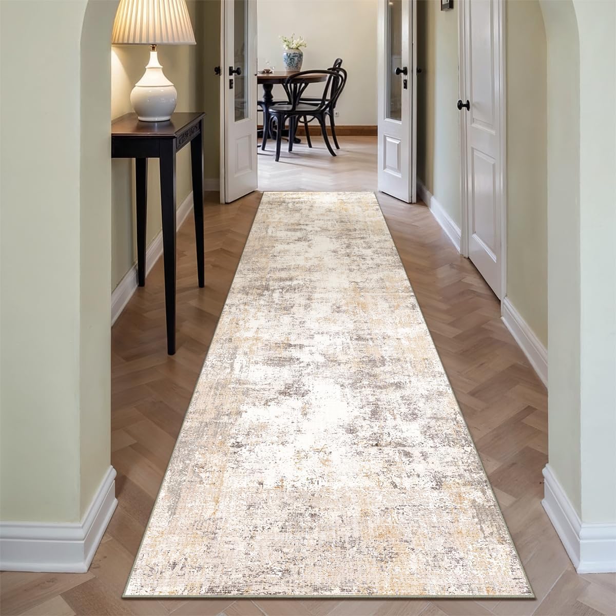 3x10 Washable Runner Rug Beige Grey Neutral Abstract Hallway Kitchen Living Room Bedroom Non Slip Throw Rug Soft Low Pile Indoor Carpet for Entrance Laundry Bathroom