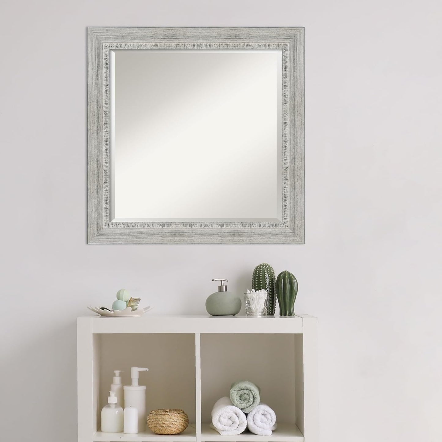 Amanti Art White Bathroom Mirror for Over Sink, 25x25 Rustic White Wash Square Vanity Mirror, Medium Rustic Farmhouse Wood Frame, Hangs Horizonally and Vertically, Bathroom Wall Decor, Beveled Edge
