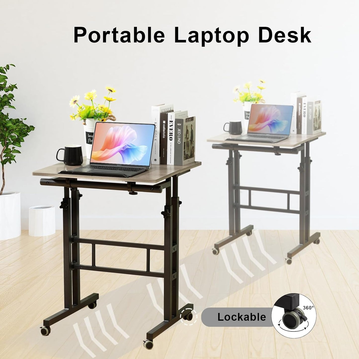 Hadulcet Mobile Standing Desk with Charging Station, Adjustable Standing Computer Desk, Standing Adjustable Laptop Cart with Wheels for Home Office Classroom Light Grey