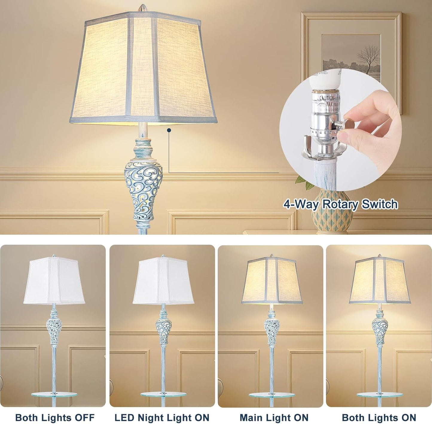 Vintage Floor Lamp with Night Light and Glass Tray, 65" High Retro Standing Lamp with Washed Blue Finish and White Linen Shade, Farmhouse Tall Lamp Decor for Living Room Bedroom House (Bulb Included)