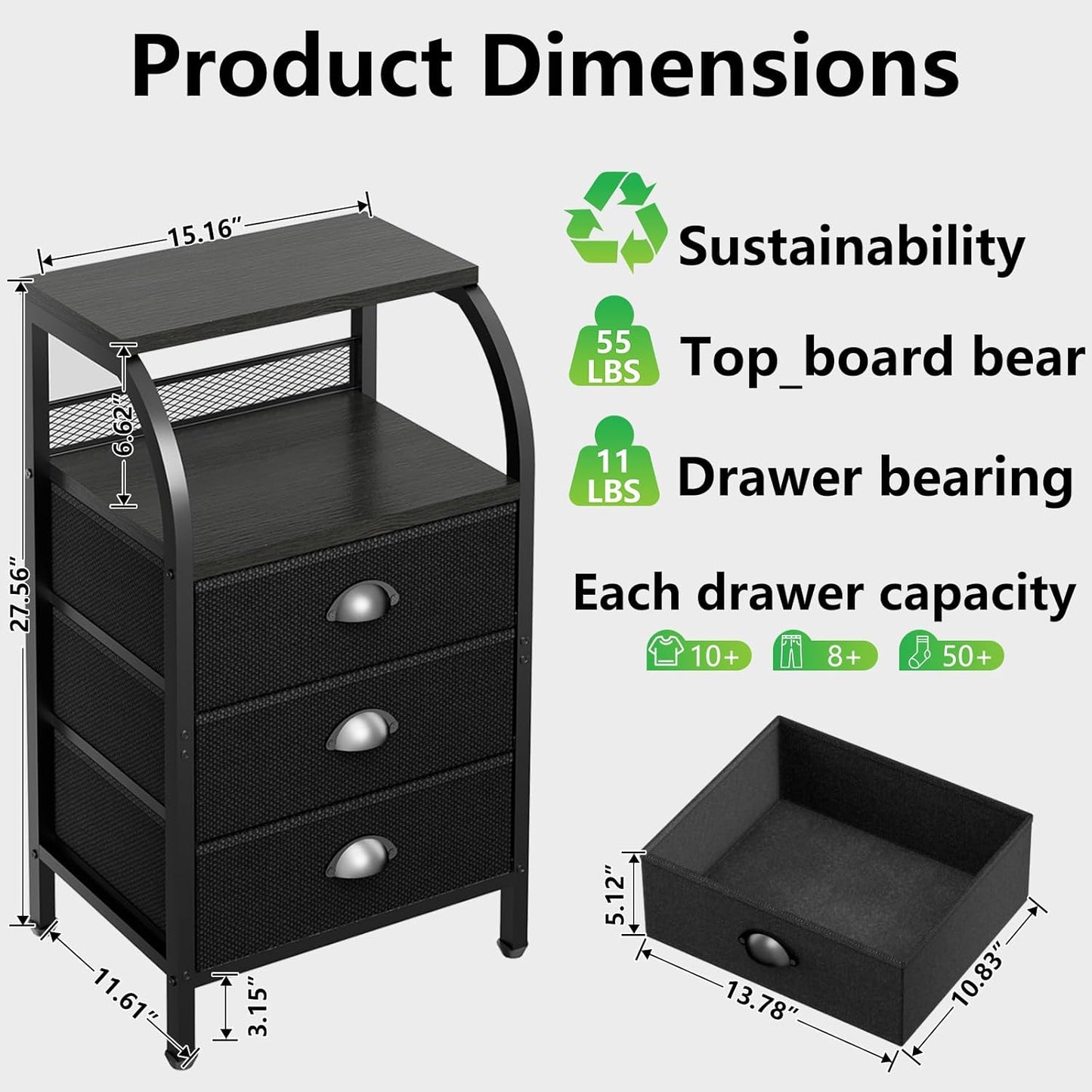 Night Stand Nightstand with Drawer Black Nightstands Storage Night Stands 3 Drawers Bedside Dressers Table Open Shelves Bed Side End Tables for Bedroom Living Room Furniture Small Table Fabric Cabinet