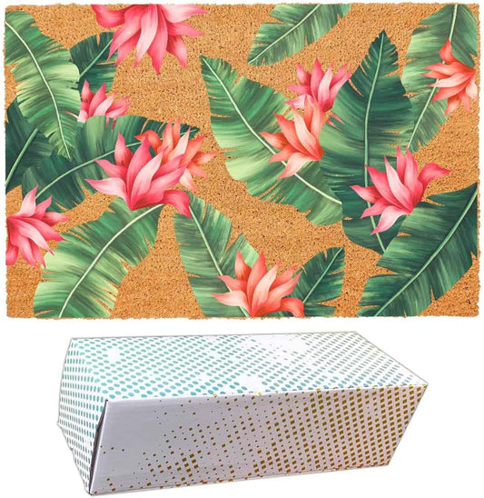 Funny Coir Doormat Beautiful Print with Palm Tree Leaves Front Door Mats Entryway Outdoor Mat with Heavy Duty Front Porch Welcome Mats Entry Natural Coir House Warming Gift Mat 23.7 x 15.7 inch
