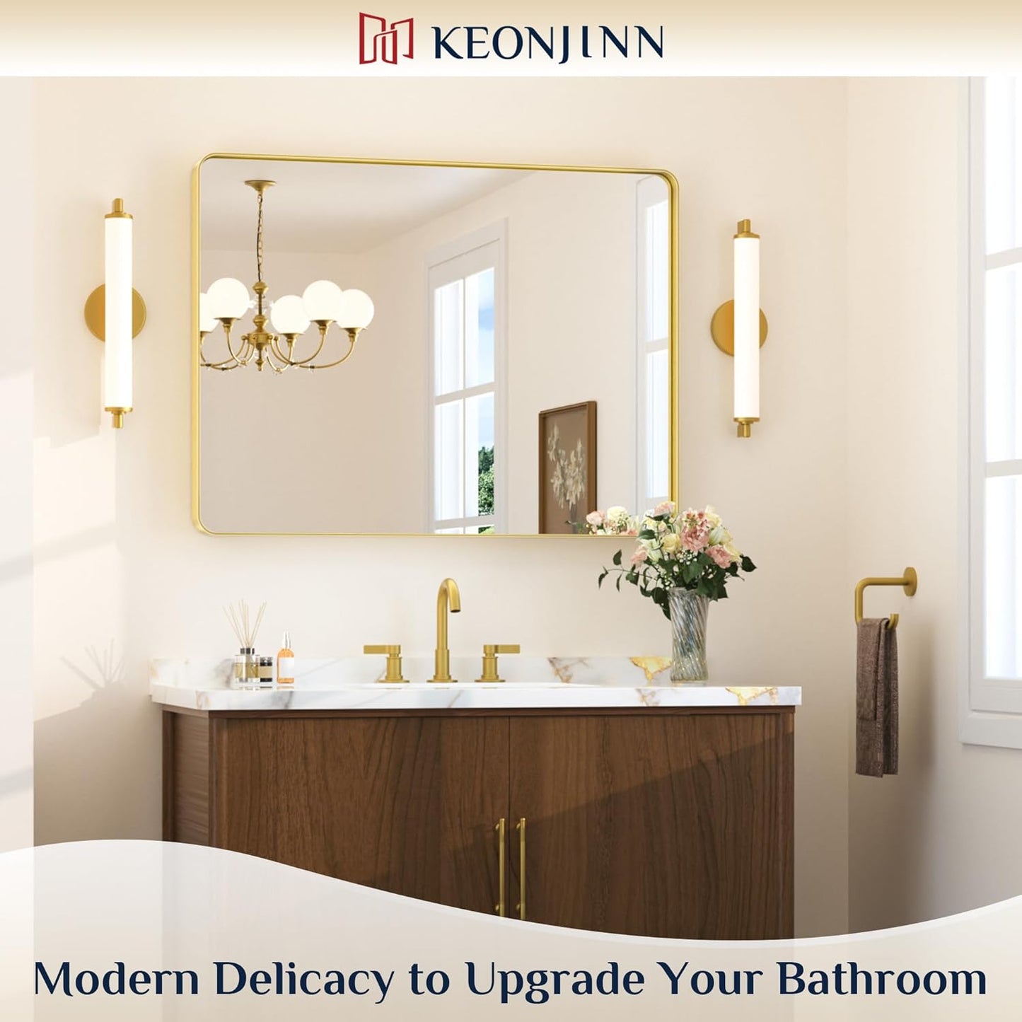 Keonjinn Gold Bathroom Mirrors for Over Sink, 40” x 30” Brushed Brass Mirror, Large Rounded Rectangle Gold Vanity Mirror with Metal Frame, HD Tempered Glass Modern Wall Mirror(Horizontal/Vertical)