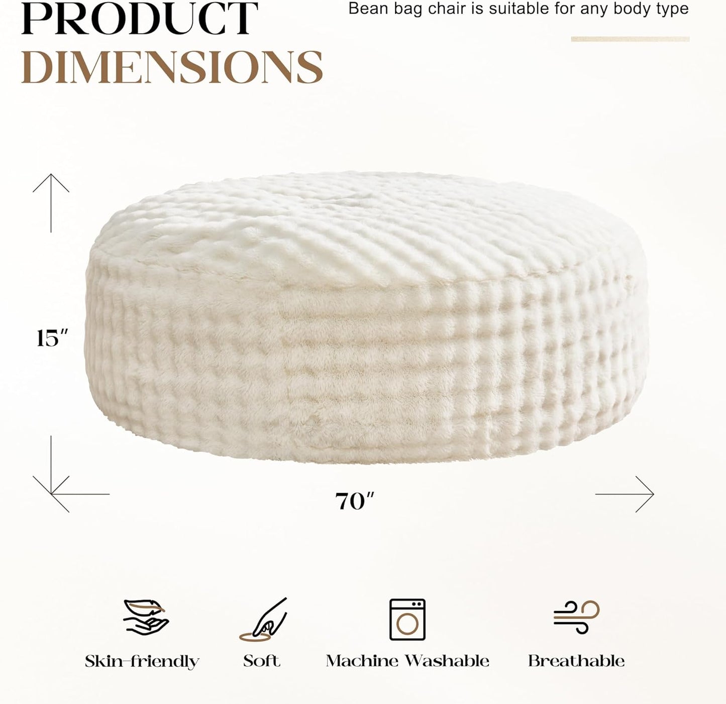 Hobestluk Bean Bag Chairs 6ft Beanbag Chair with Filler Adult Bean Bags with Fluffy & Machine Washable Cover, Giant Bean Bag Chairs for Aduts (White, 6FT-70" x 70" x 15")