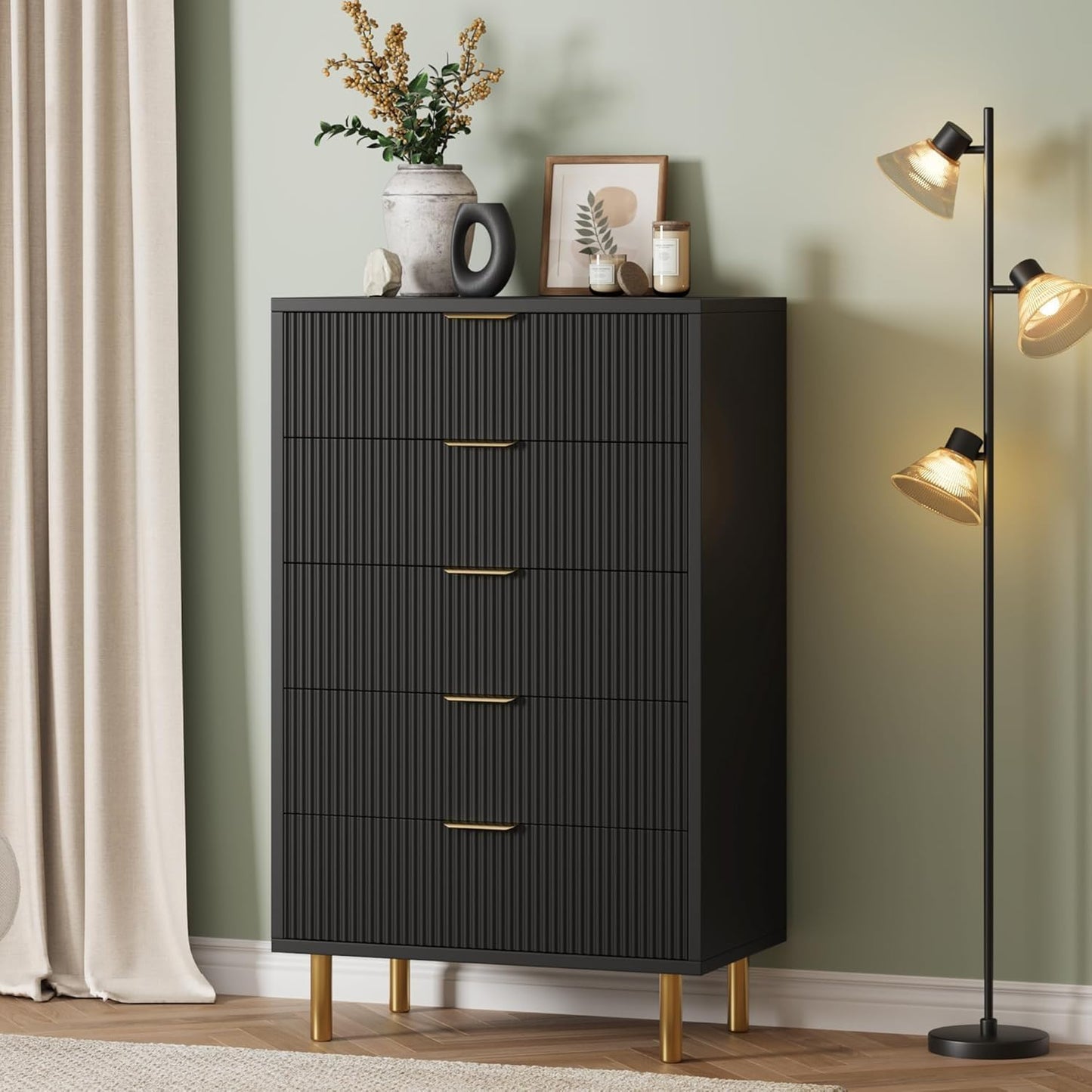 GarveeHome Black Dresser, Modern 5 Drawer Dresser for Bedroom with Gold Handle and Large Drawer, Wood Double Chest of Drawers and Storage Organizer for Living Room, Hallway, Entryway