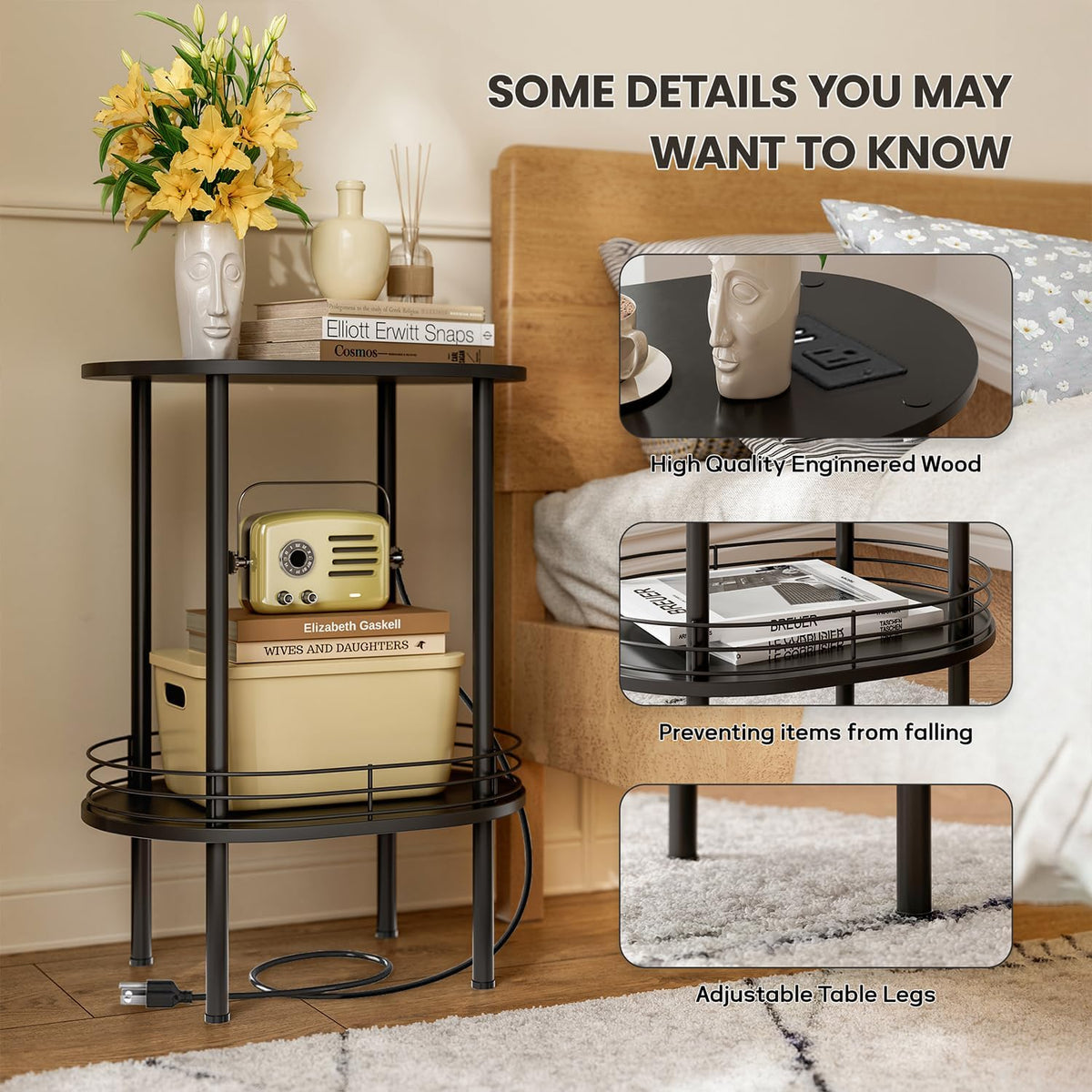 Small Round Side Table with Charging Station,Bedside Table with 2 USB Ports and Outlets, Morden Round Nightstand, Samll Side Table for Living Room,Bedroom, Nursery, Laundry, Black