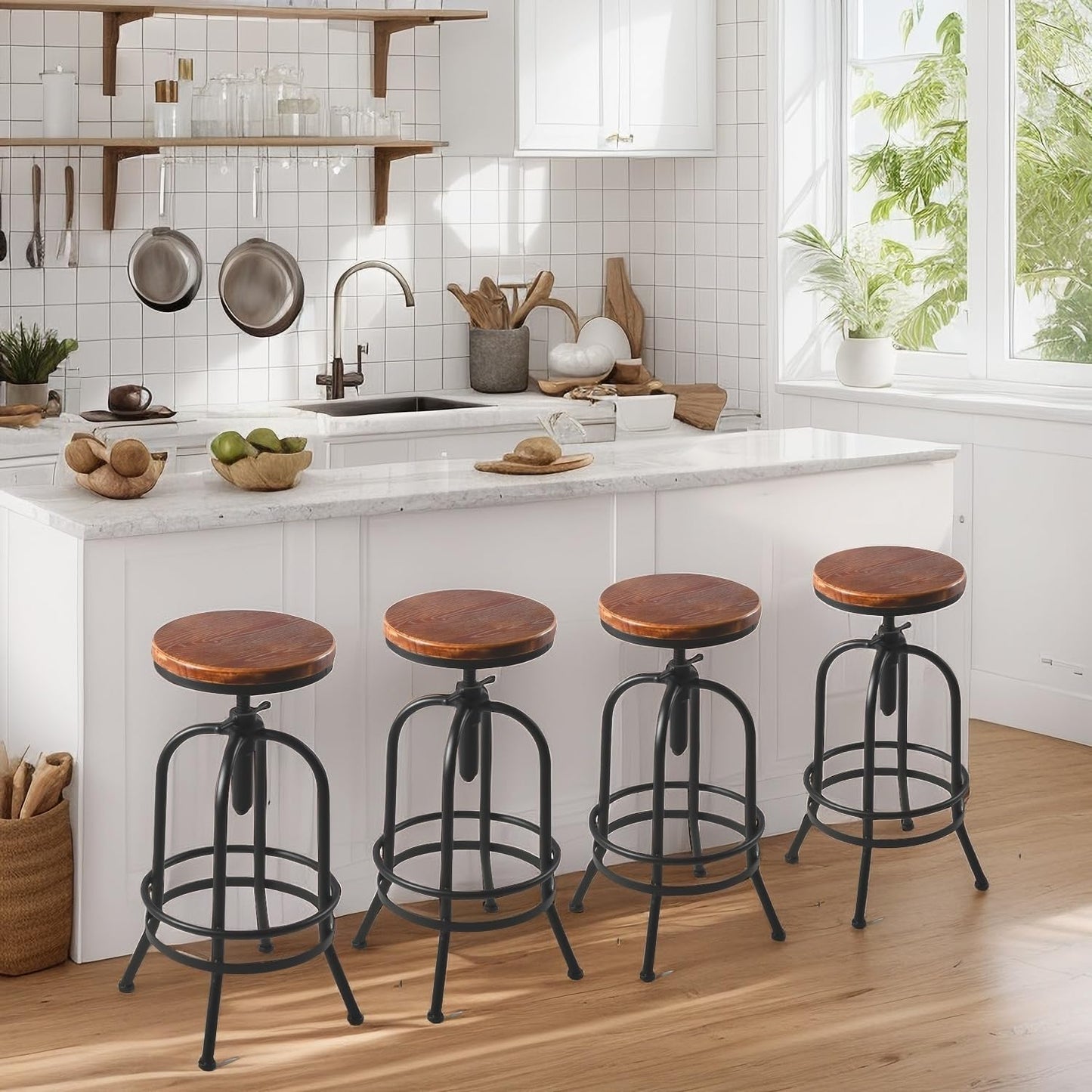 Diwhy Industrial Bar Stool-26-32 Inch Adjustable Swivel Metal Wood Seat Stool Bar Height Bar Stool with Footrest-for Kitchen, Dining Side Chair, Pub, Bistro, Set of 2, Black