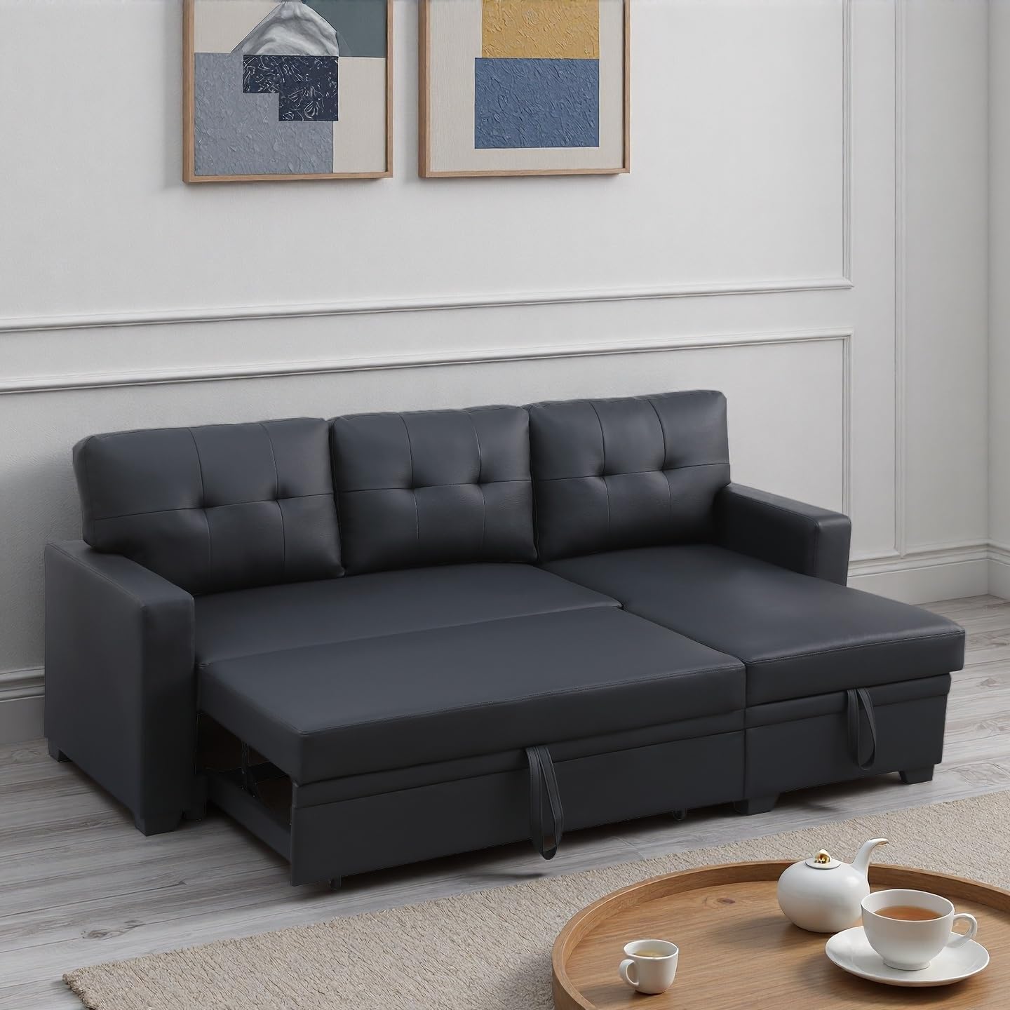 L-Shape Sofa Bed, 82" Sectional Couch with Storage Chaise, Pull Out Sleeper Sofa with Removable Back Cushions, Convertible Corner Couch for Living Room Apartment, Black