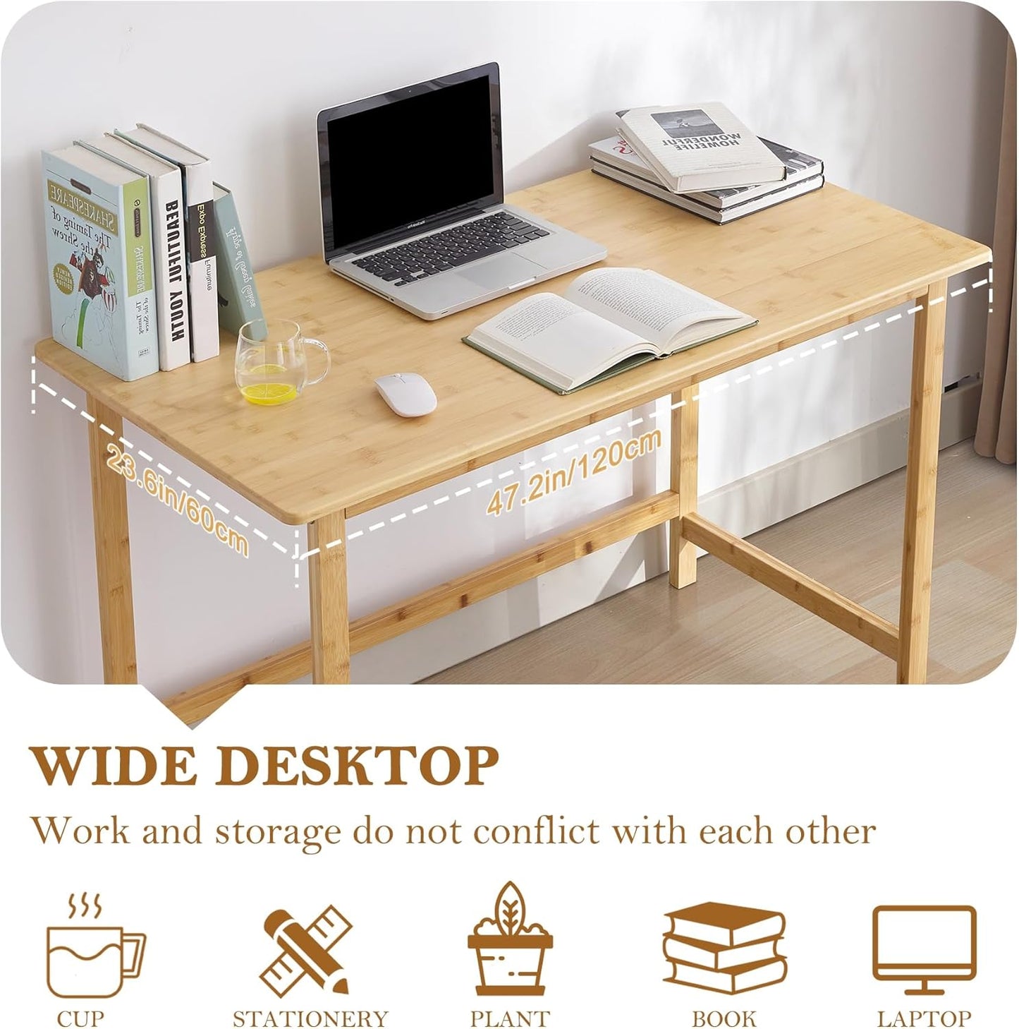 Nnewvante 47 Inch Computer Desk, Bamboo Writing Desk, Modern Simple Work Desk for Home Office, Gaming Desk Study Table