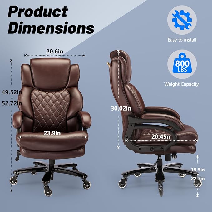 800lbs Big and Tall Office Chair, Executive Chair with Adjustable Headrest, High Back Extra Wide Seat, Heavy Duty PU Leather for Home Office, Comfortable Large Computer Desk Chair