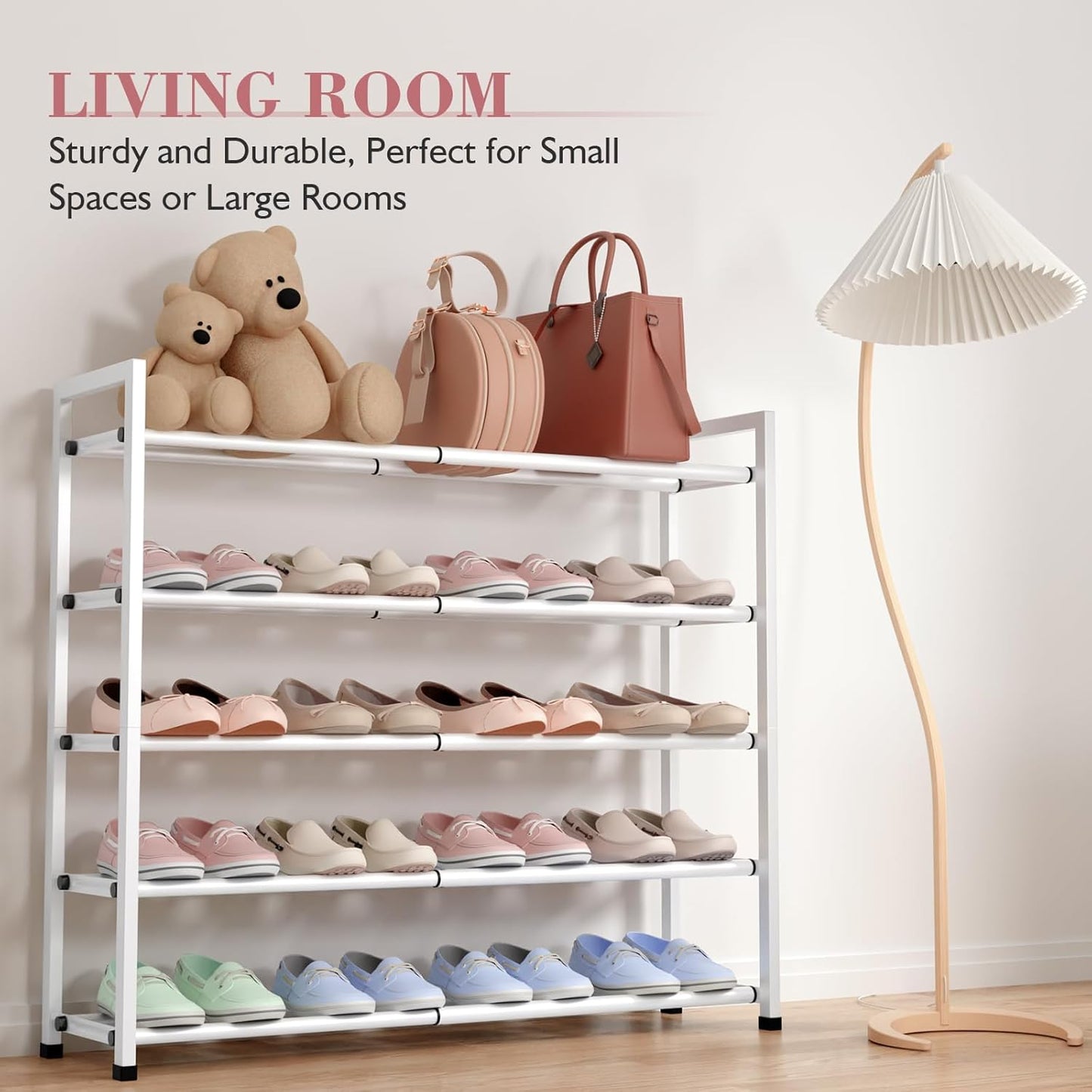 Bumusty 5-Tier Expandable Shoe Rack for Closet, 18“-33” Adjustable Shoe Rack for Small Space, Small Shoe Organizer for Front Door, Sturdy Metal (White)