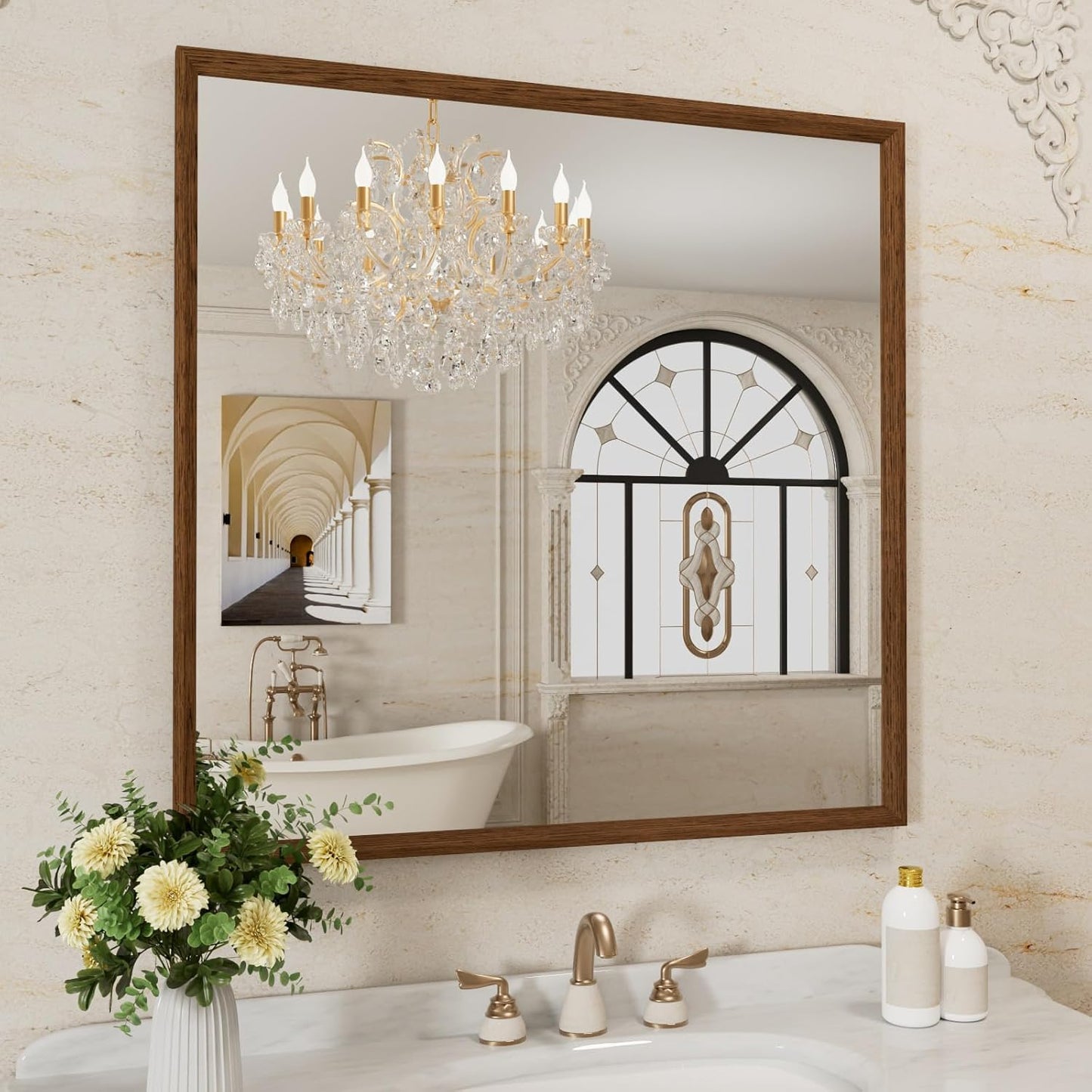 WEER Walnut Bathroom Mirror, Walnut Framed Mirror 36X36 Inch, Rectangle Wall Mounted Bathroom Vanity Mirror with Tempered Glass, Hangs Vertically or Horizontally, Anti-Rust